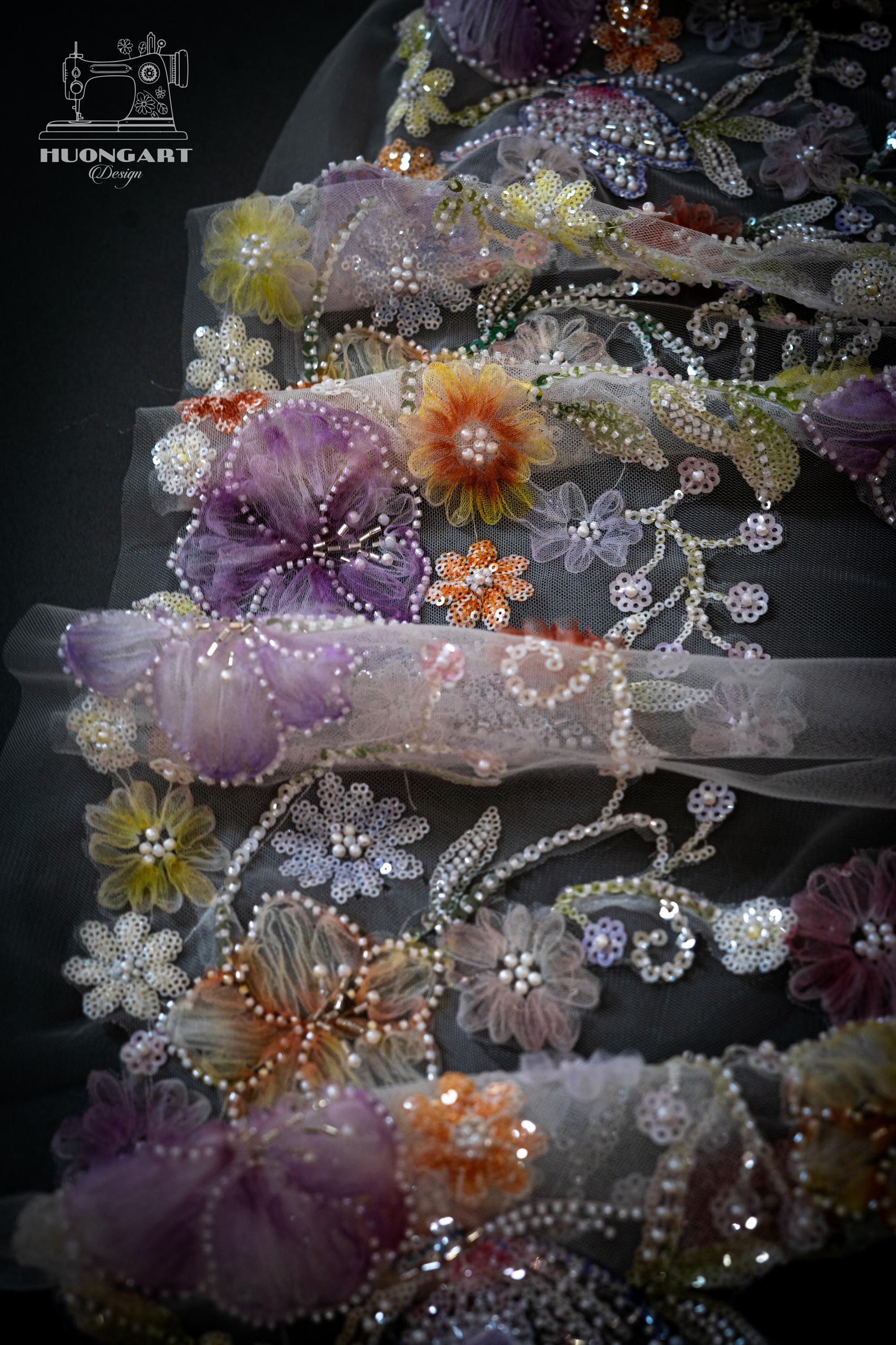 3D Floral & Pastel Butterfly Wedding Veil – Beaded Botanical Lace
