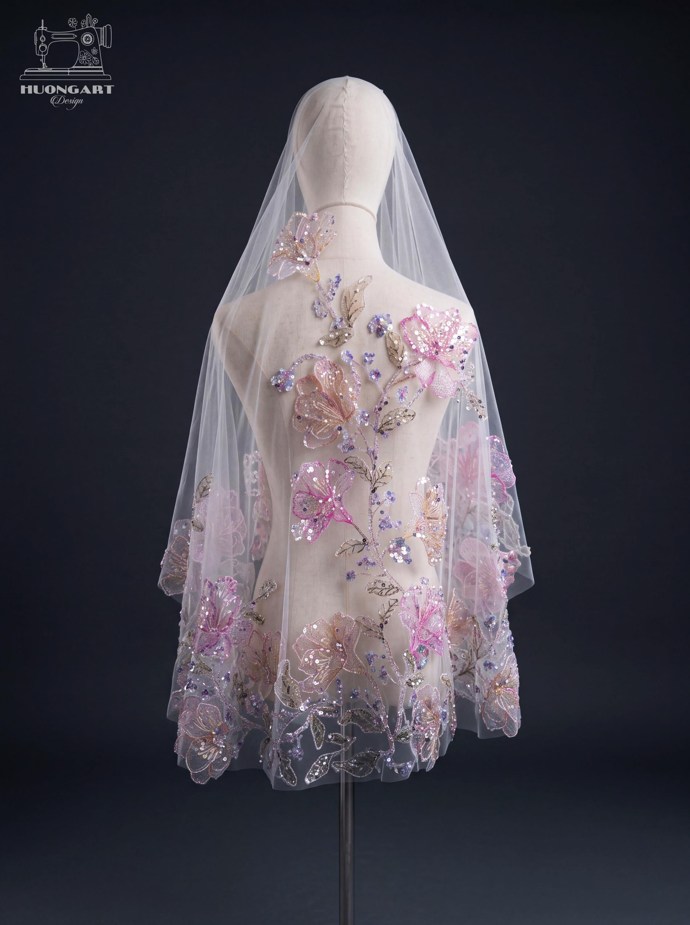 Sequin Floral Embroidered Mantilla Bridal Veil | Lavender Cathedral