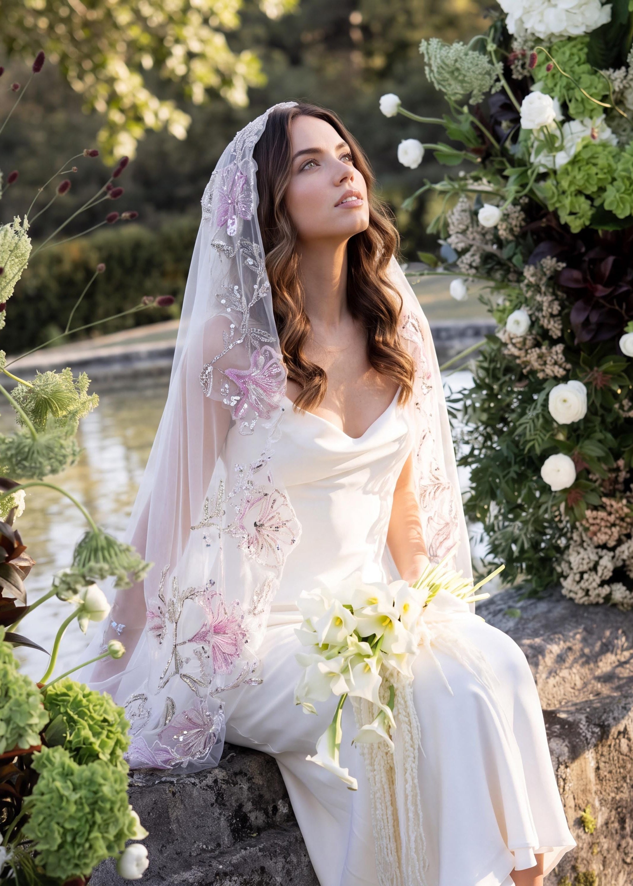 Sequin Floral Embroidered Mantilla Bridal Veil | Lavender Cathedral