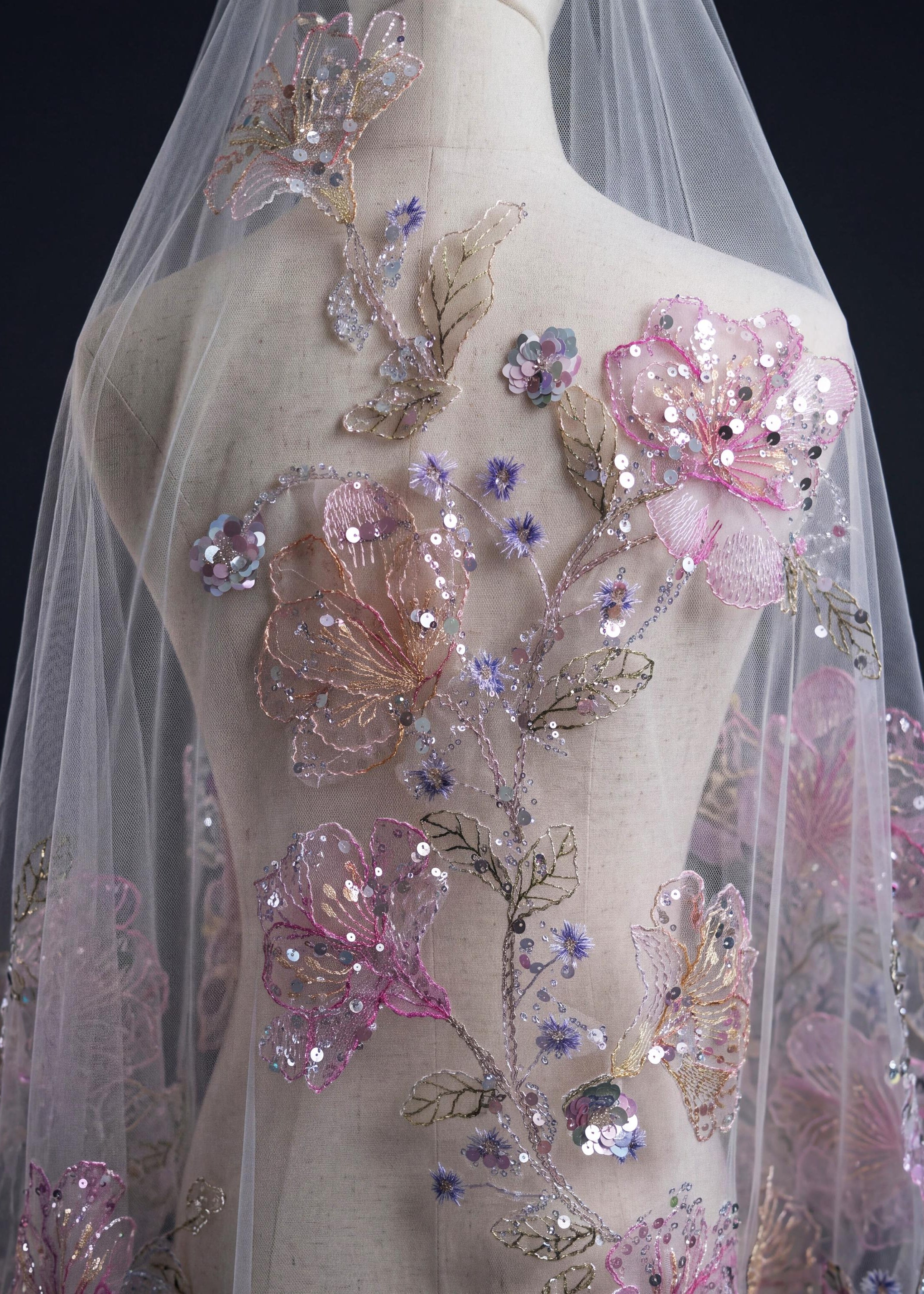 Sequin Floral Embroidered Mantilla Bridal Veil | Lavender Cathedral