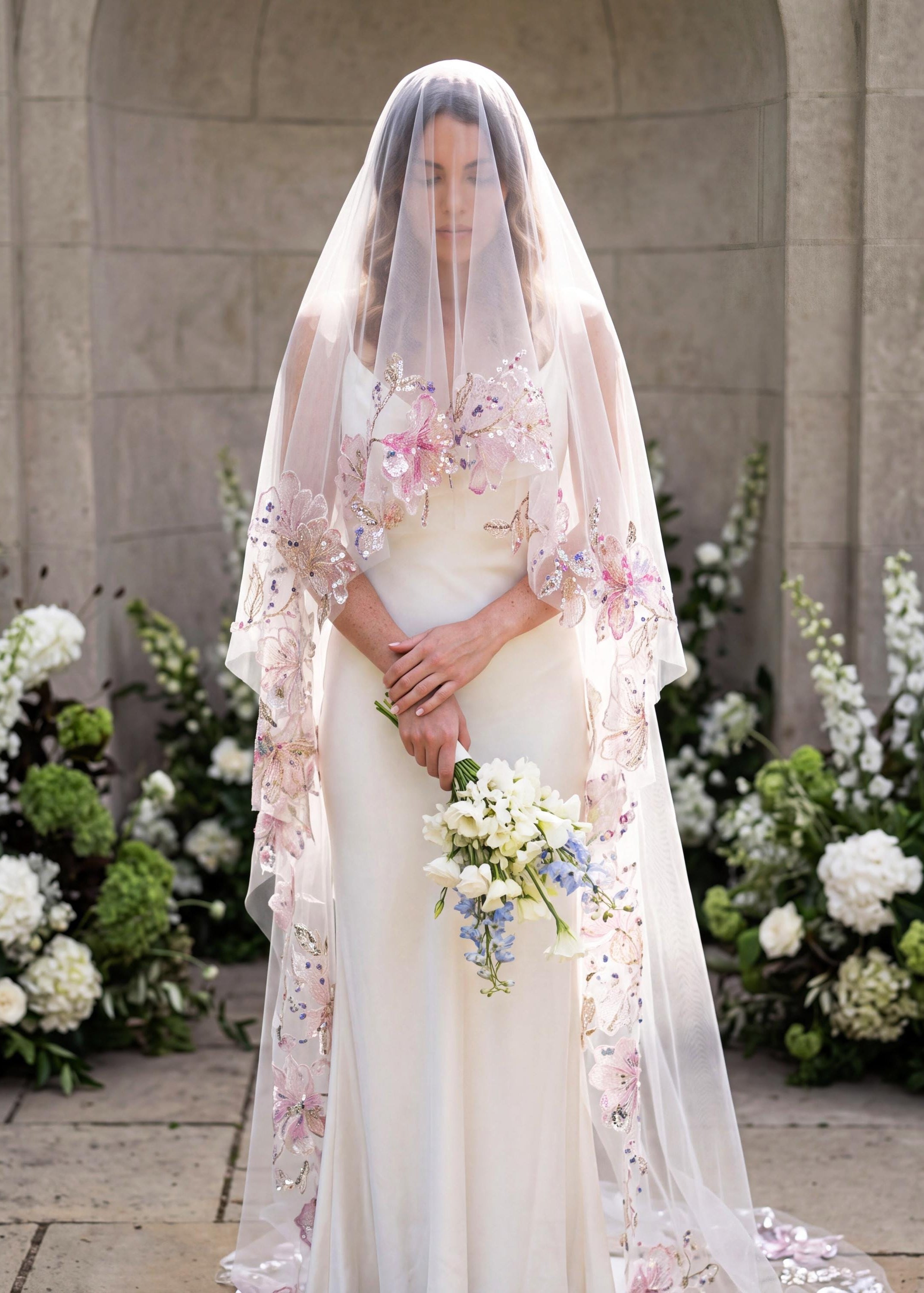Sequin Floral Embroidered Mantilla Bridal Veil | Lavender Cathedral