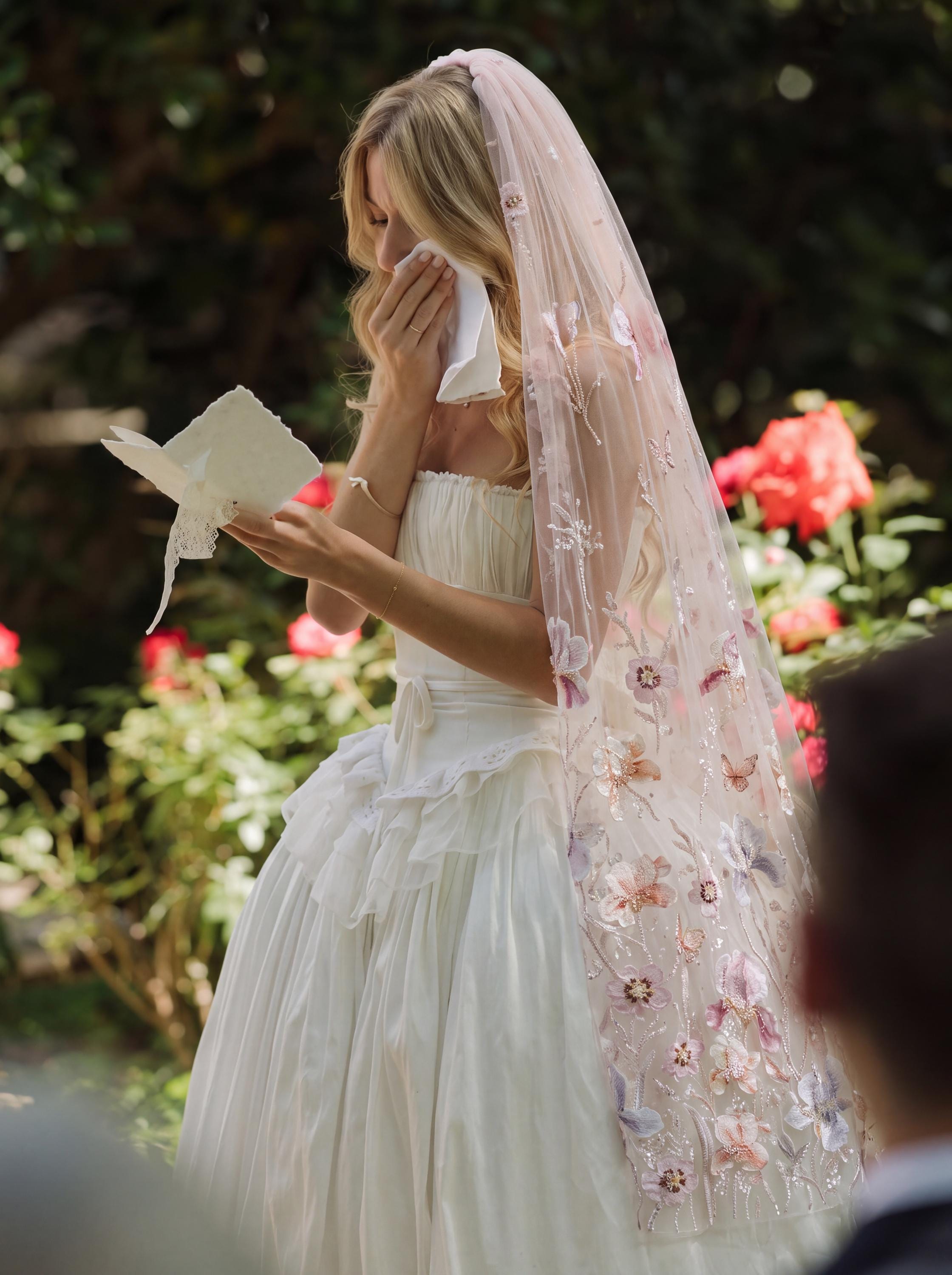 Butterfly & Floral Sequin Bridal Veil | Blush Pink Fingertip