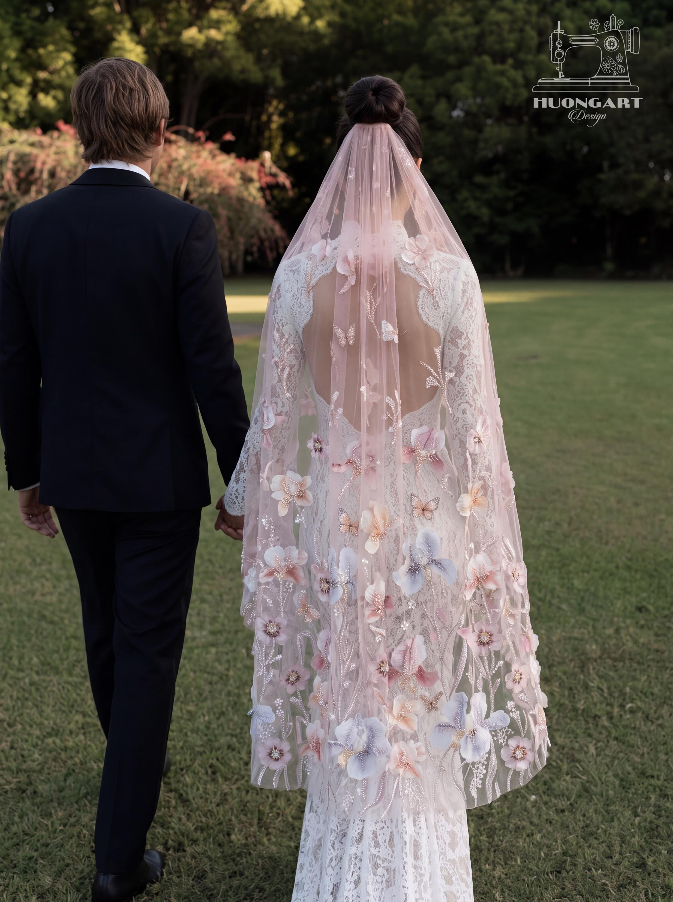 Butterfly & Floral Sequin Bridal Veil | Blush Pink Fingertip
