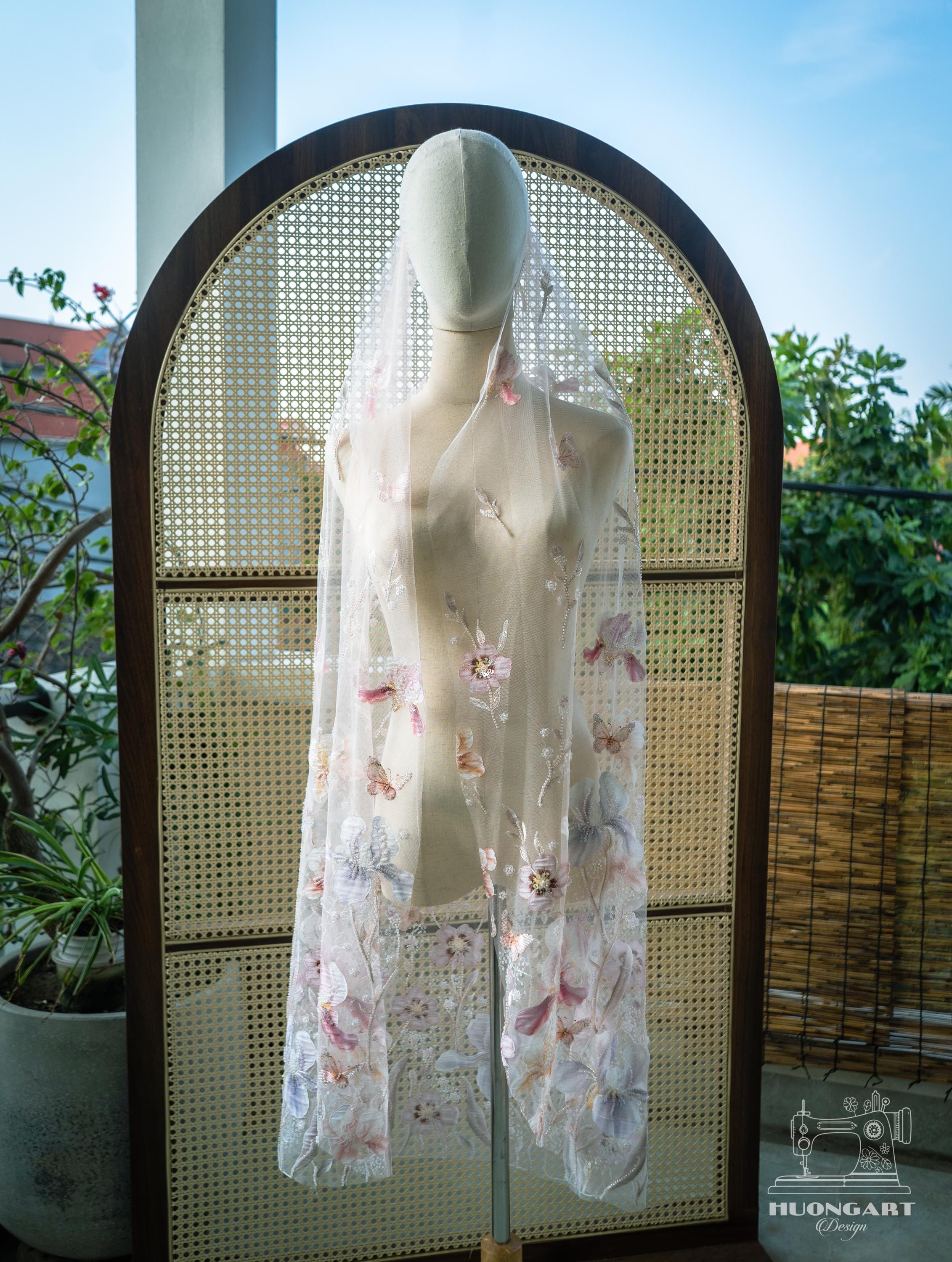 Butterfly & Floral Sequin Bridal Veil | Blush Pink Fingertip