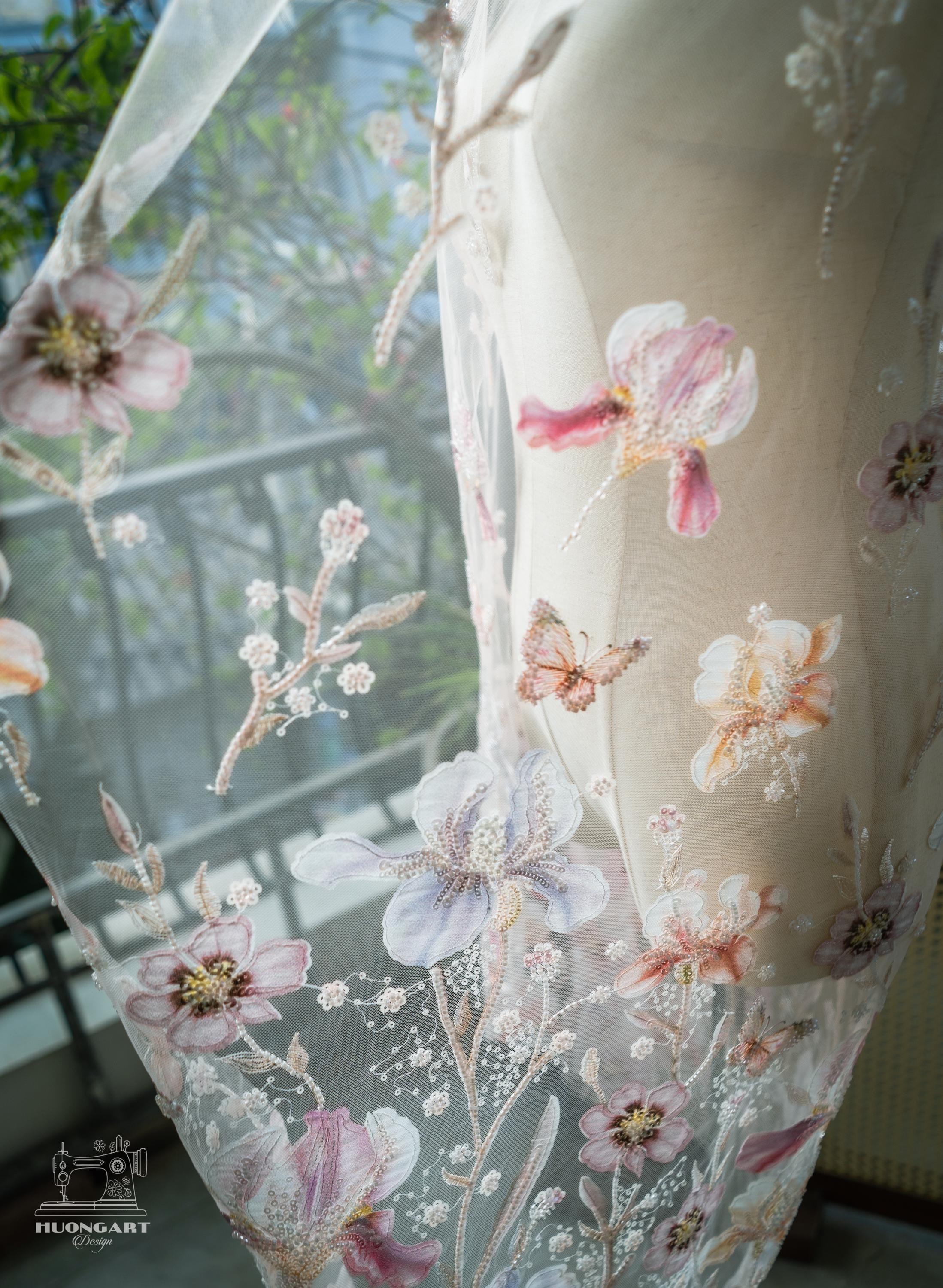 Butterfly & Floral Sequin Bridal Veil | Blush Pink Fingertip