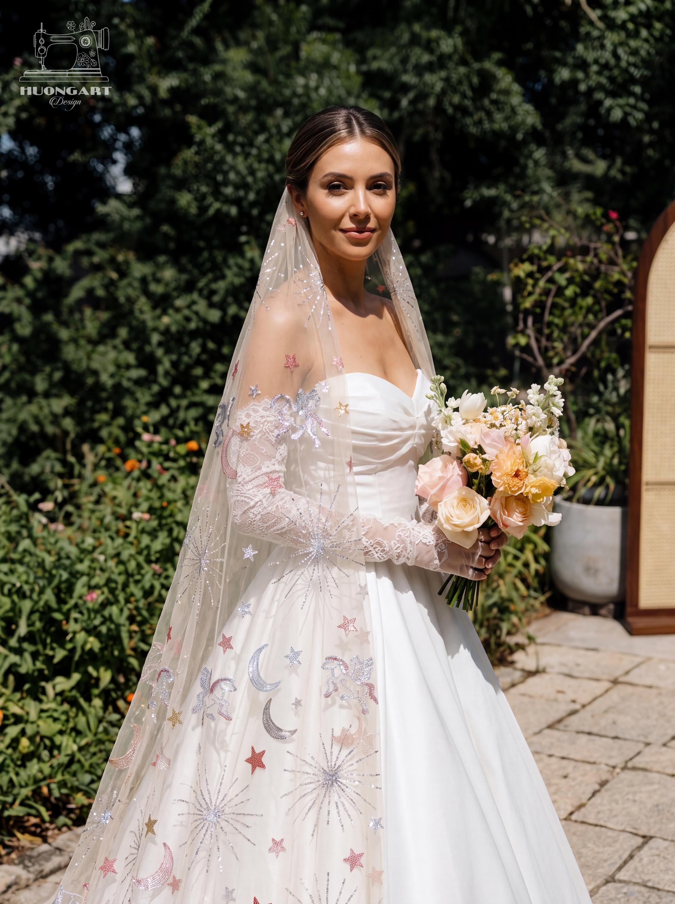 Pegasus Celestial Sequin Bridal Veil | Champagne Fingertip Cut