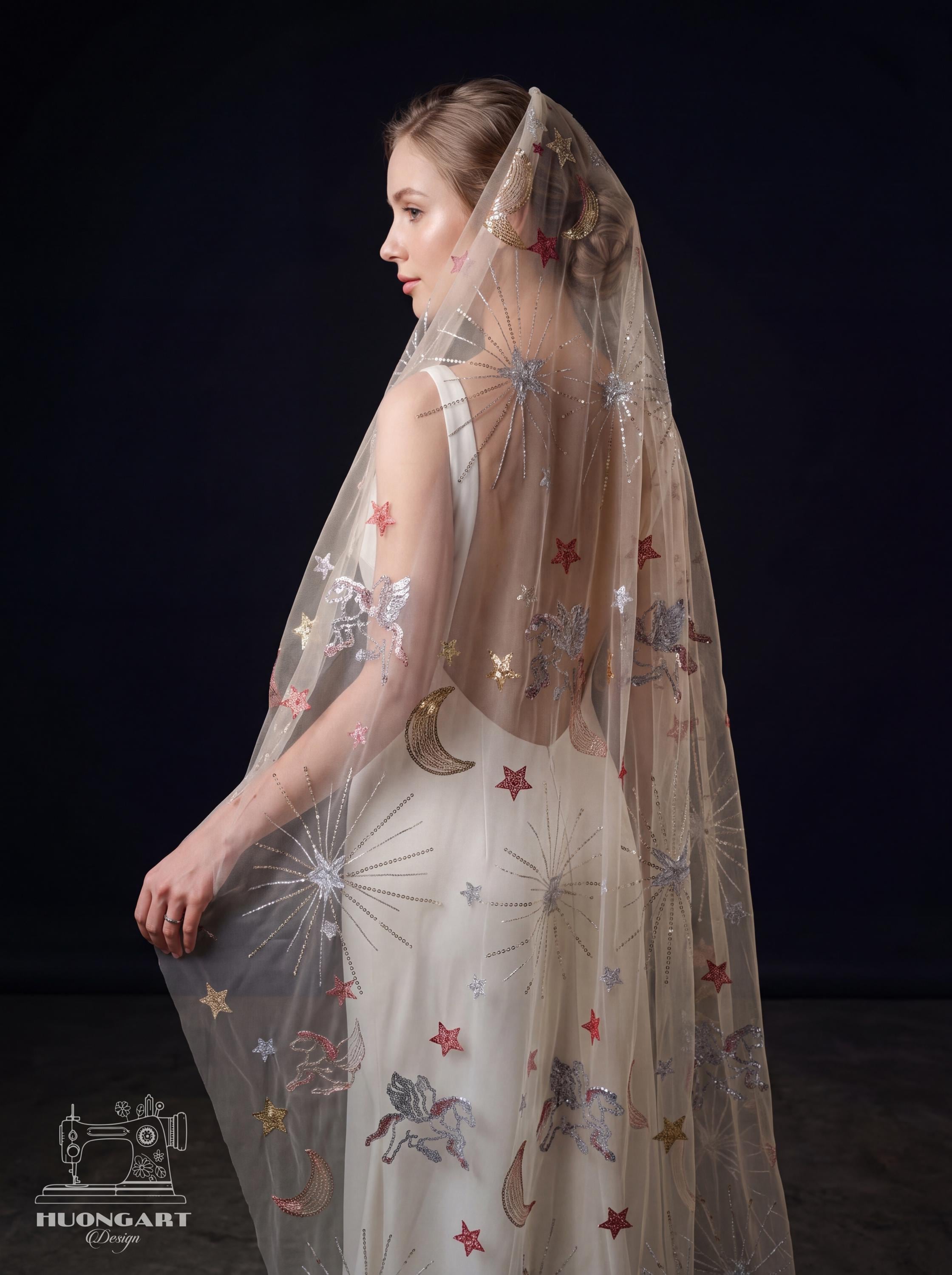 Pegasus Celestial Sequin Bridal Veil | Champagne Fingertip Cut