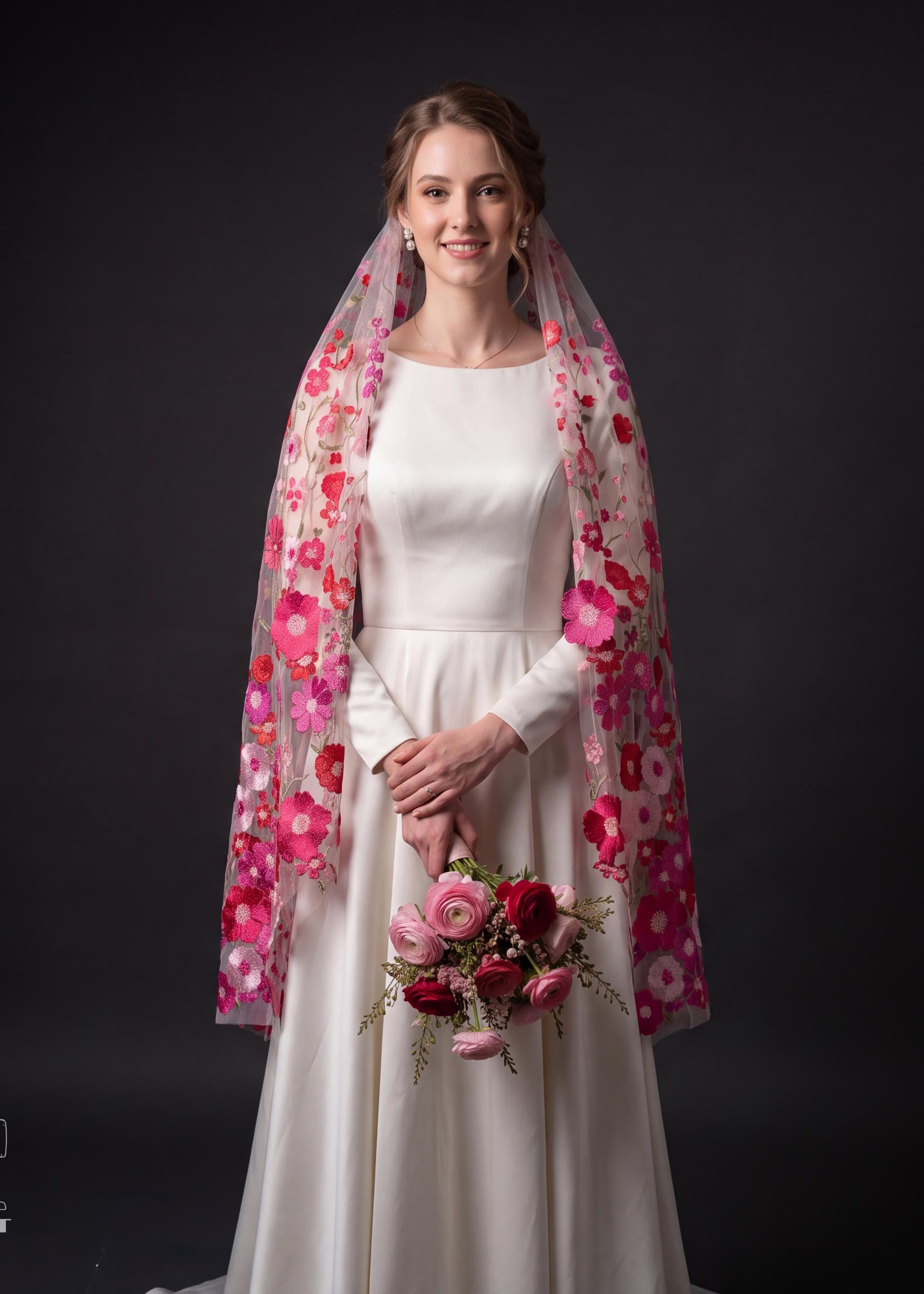 Fuchsia 3D Flower Bridal Veil | Magenta Floral Fingertip