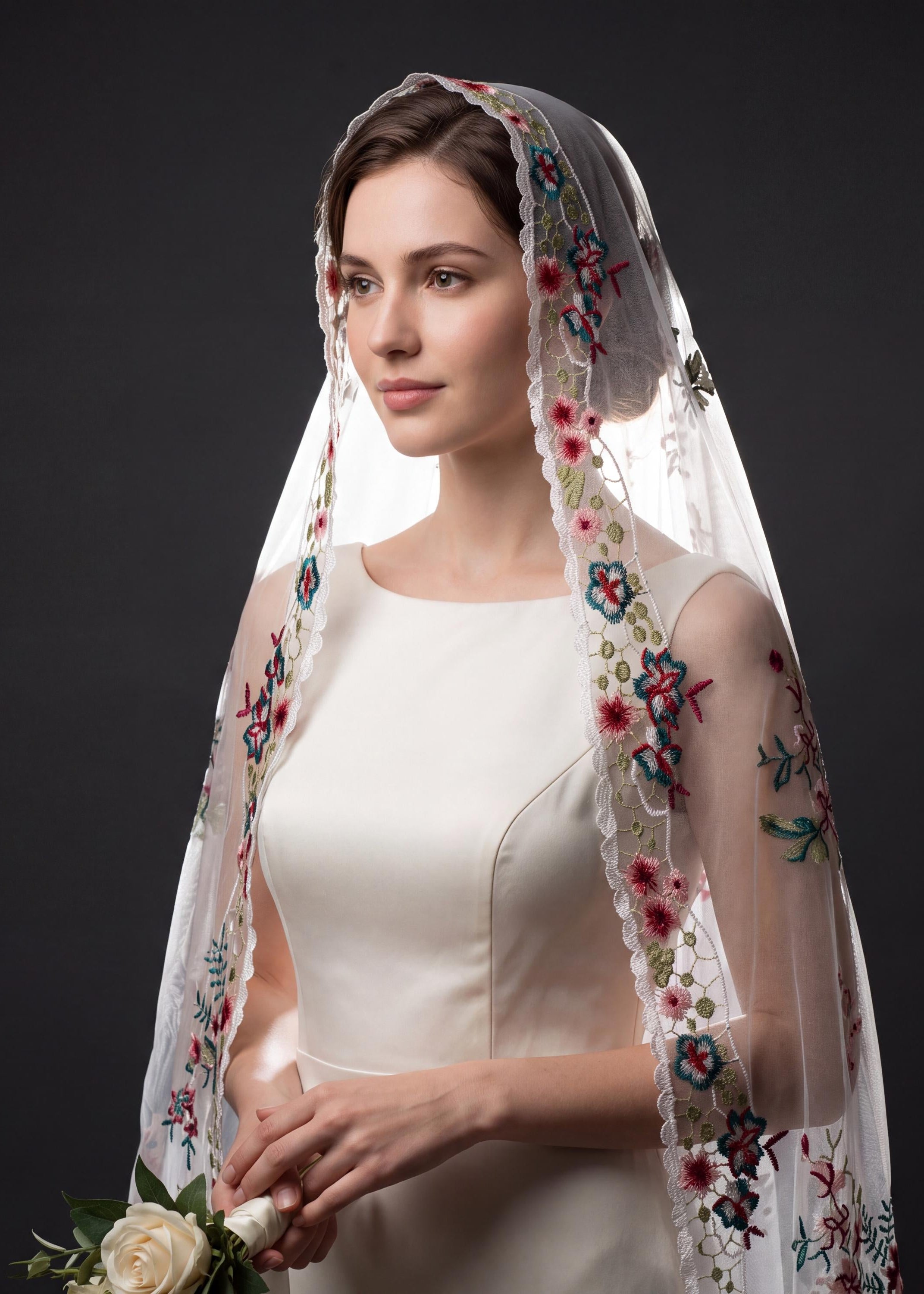 Scalloped Lace Mantilla Bridal Veil | Burgundy Botanical Fingertip