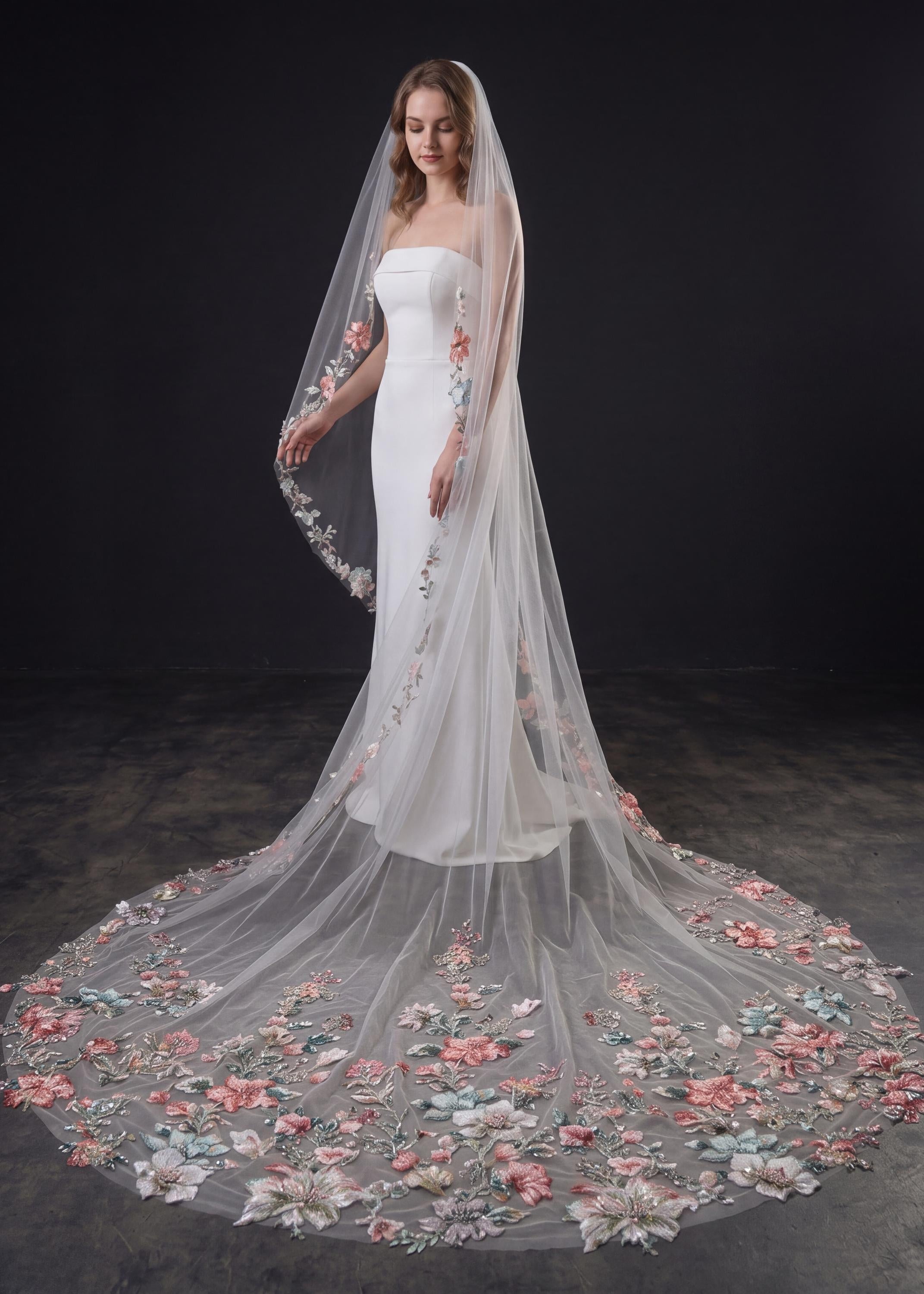 3D Beaded Wildflower Wedding Veil – Botanical Cathedral Length