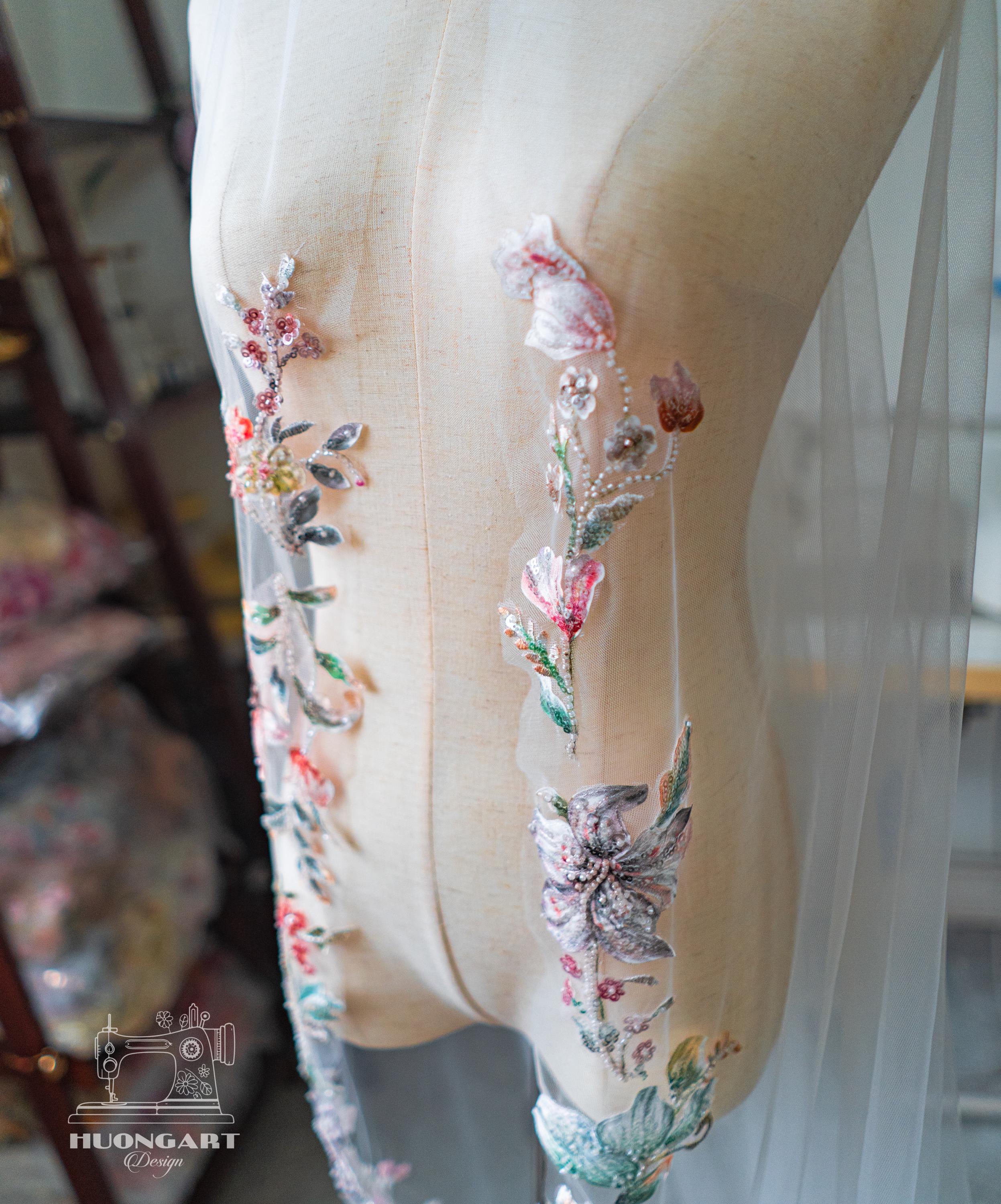 3D Beaded Wildflower Wedding Veil – Botanical Cathedral Length