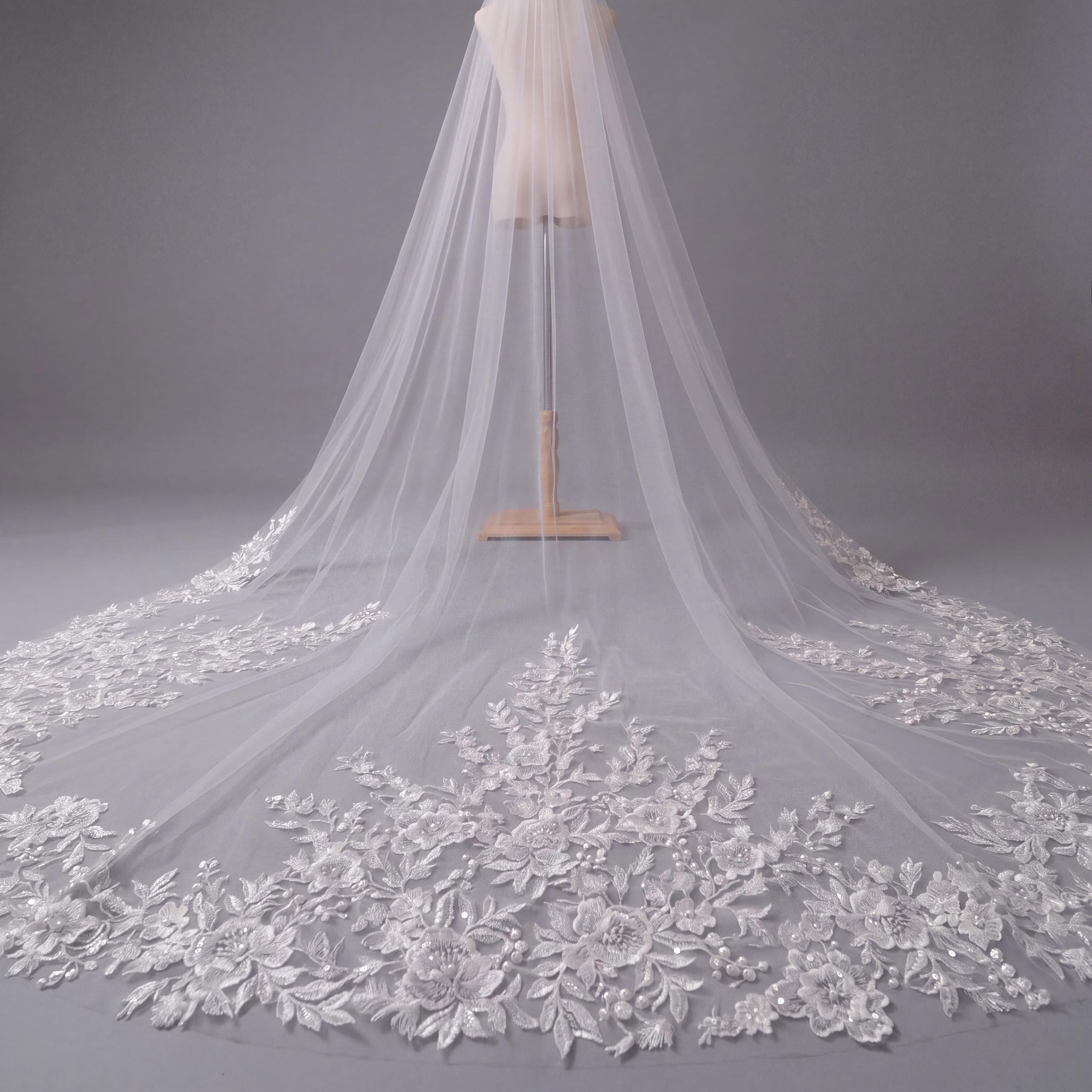 Hand-Beaded Pearl & Sequin Bridal Veil | Scalloped Floral Lace
