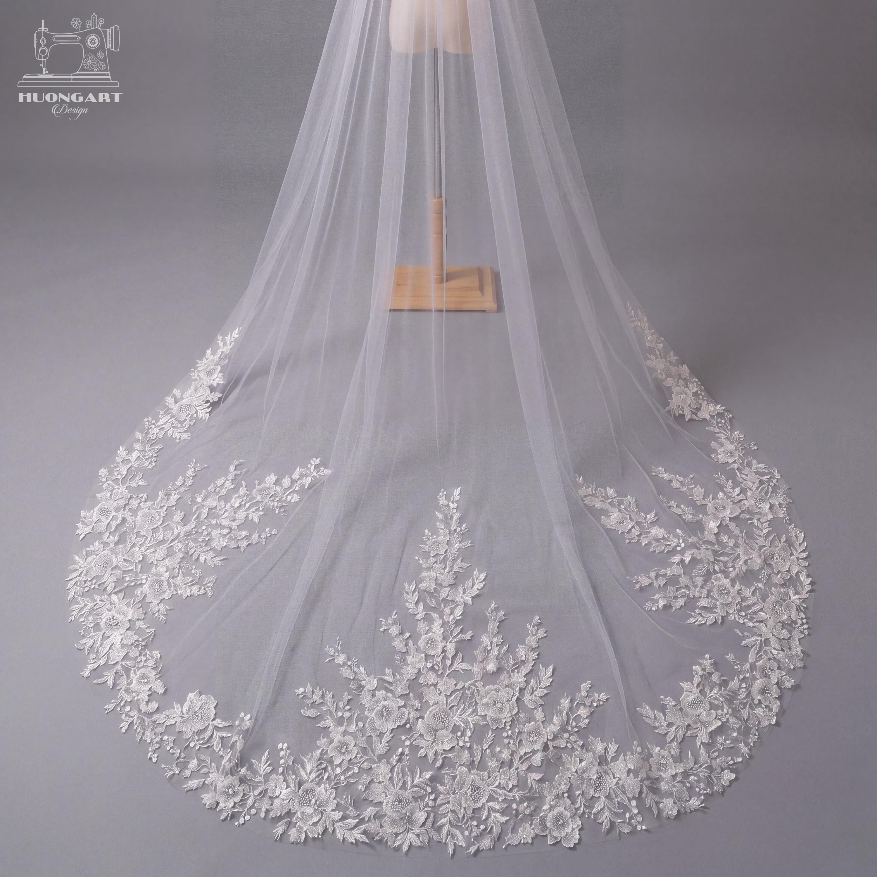 Hand-Beaded Pearl & Sequin Bridal Veil | Scalloped Floral Lace