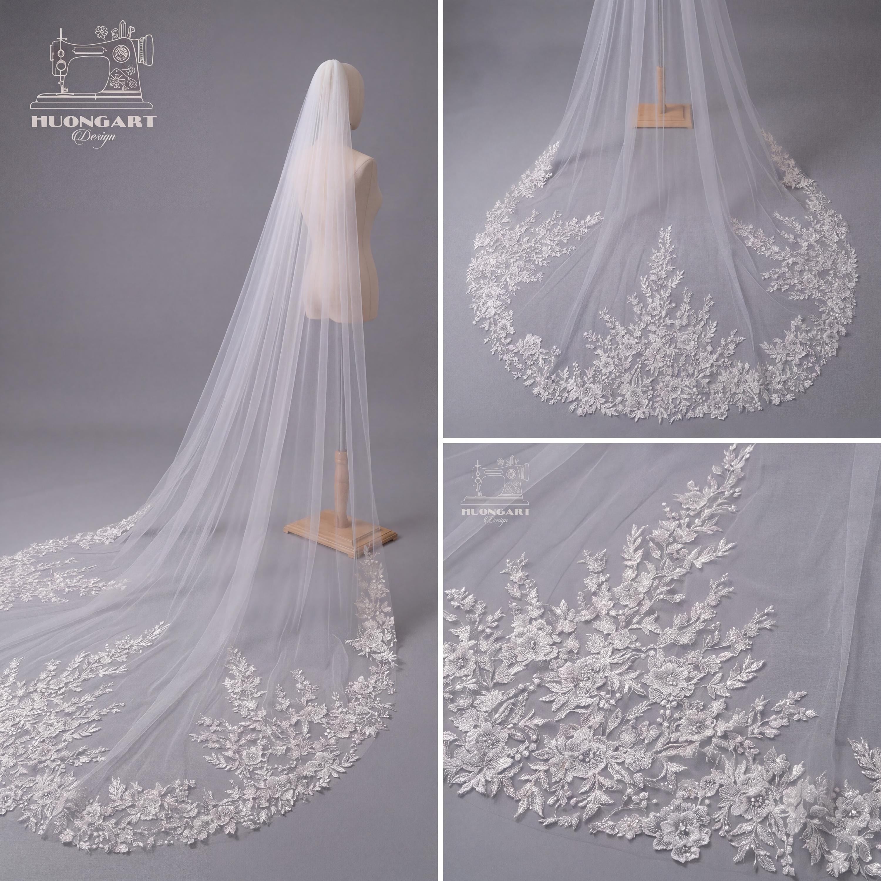 Hand-Beaded Pearl & Sequin Bridal Veil | Scalloped Floral Lace