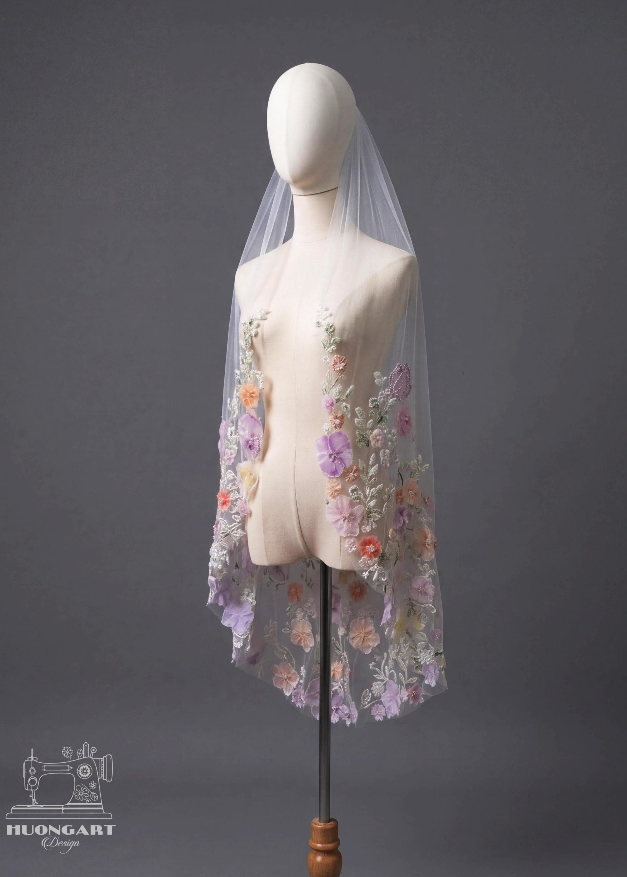3D Floral & Pastel Butterfly Wedding Veil – Beaded Botanical Lace