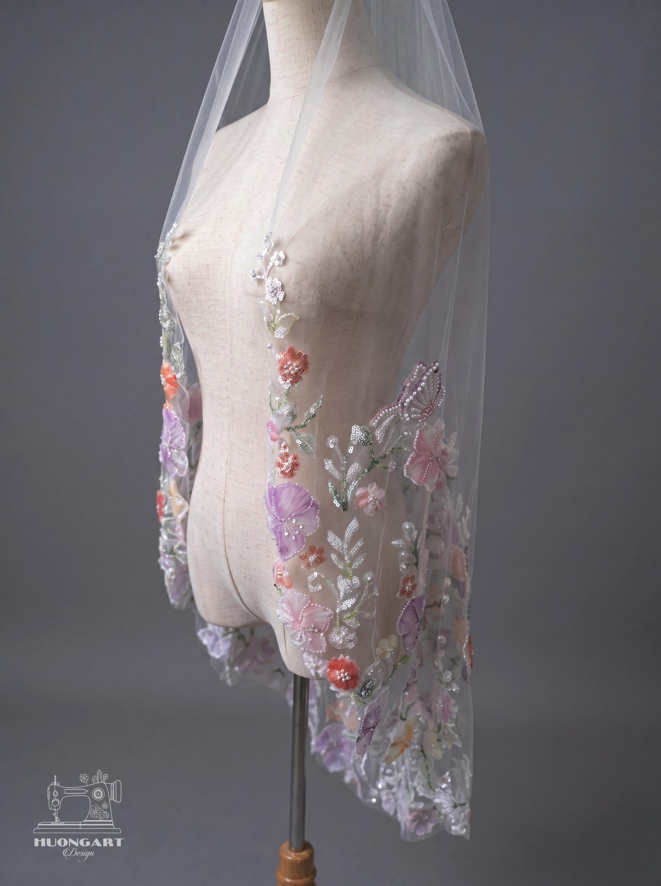 3D Floral & Pastel Butterfly Wedding Veil – Beaded Botanical Lace