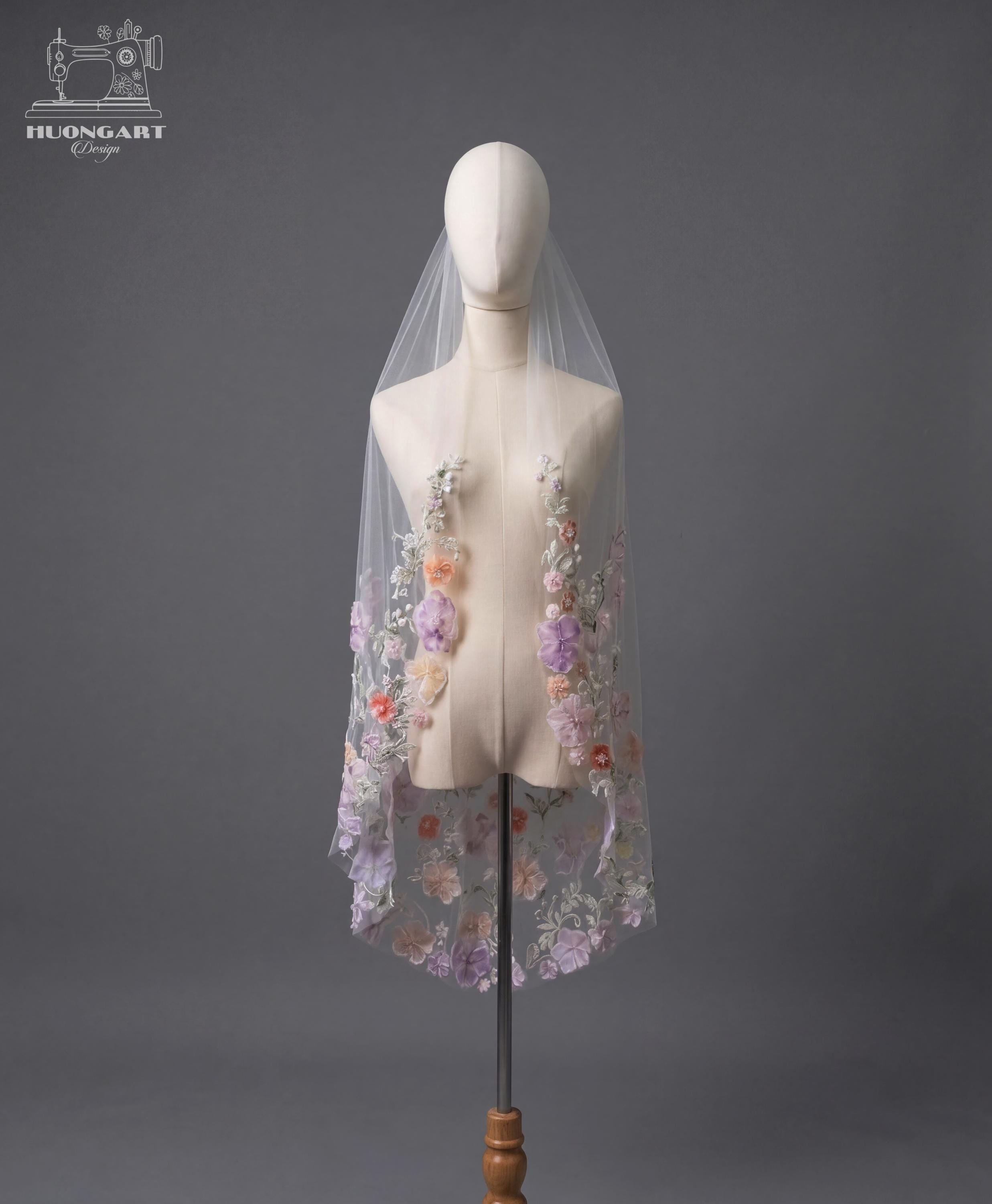 3D Floral & Pastel Butterfly Wedding Veil – Beaded Botanical Lace