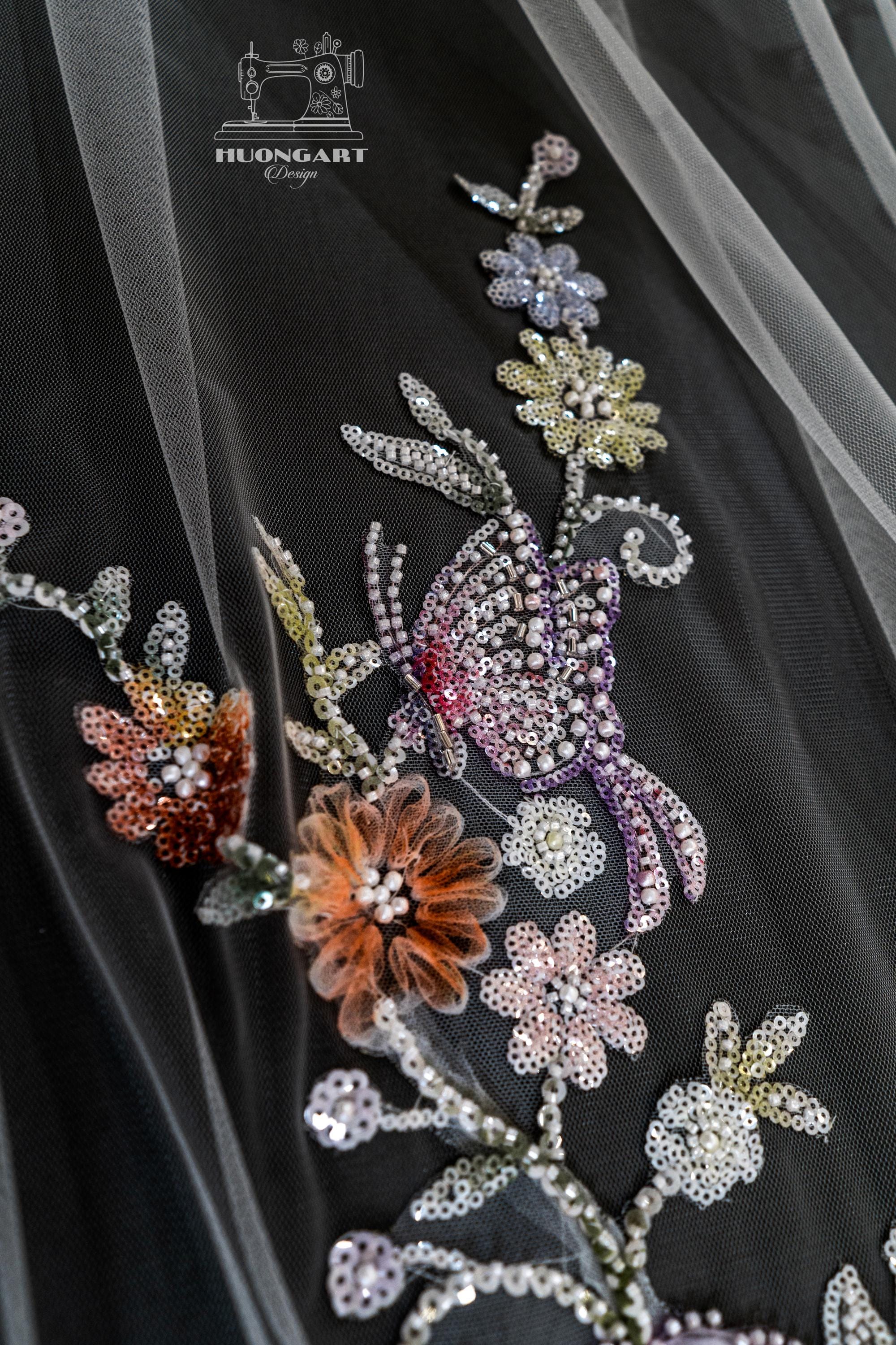 3D Floral & Pastel Butterfly Wedding Veil – Beaded Botanical Lace