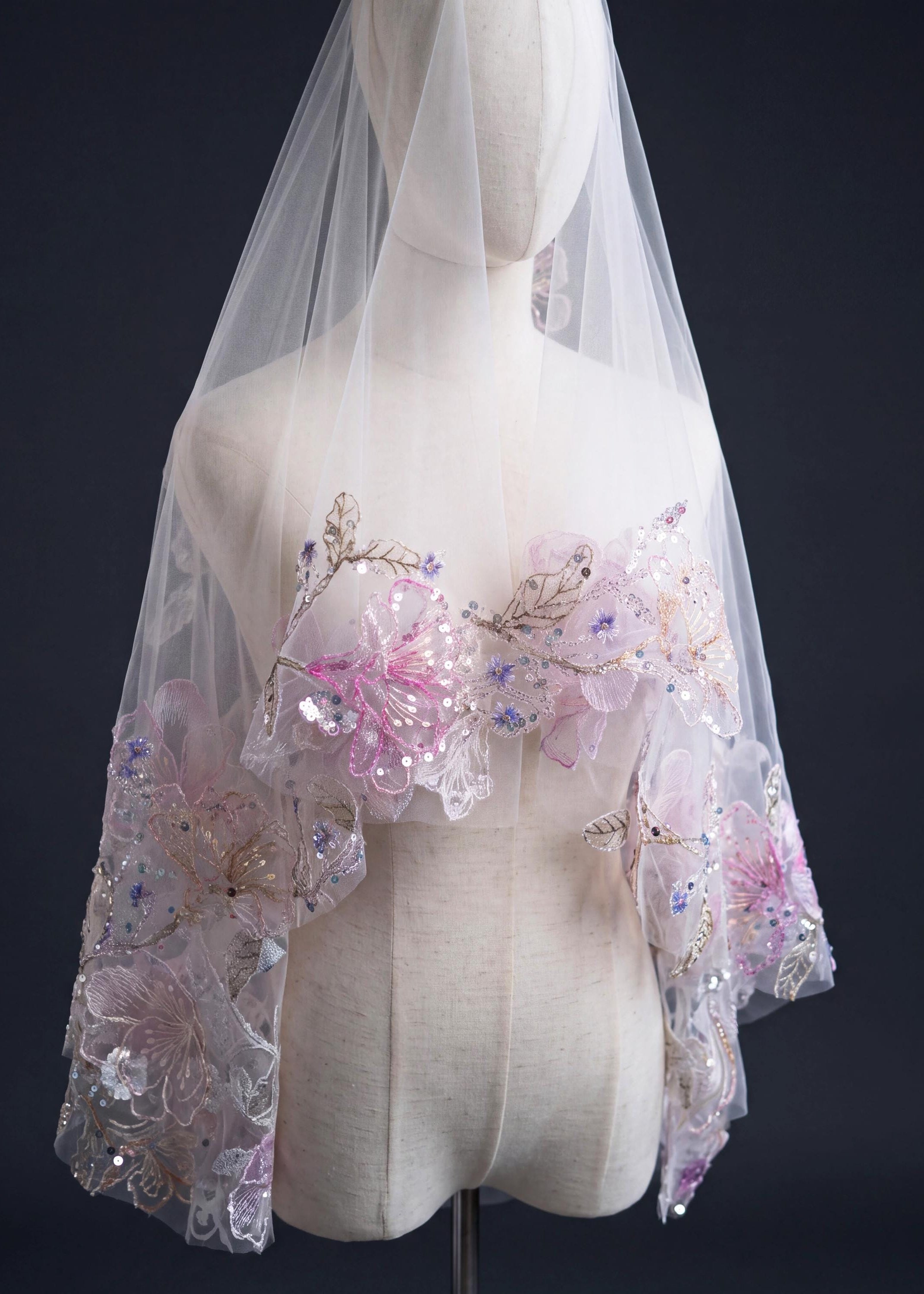 Sequin Floral Embroidered Mantilla Bridal Veil | Lavender Cathedral