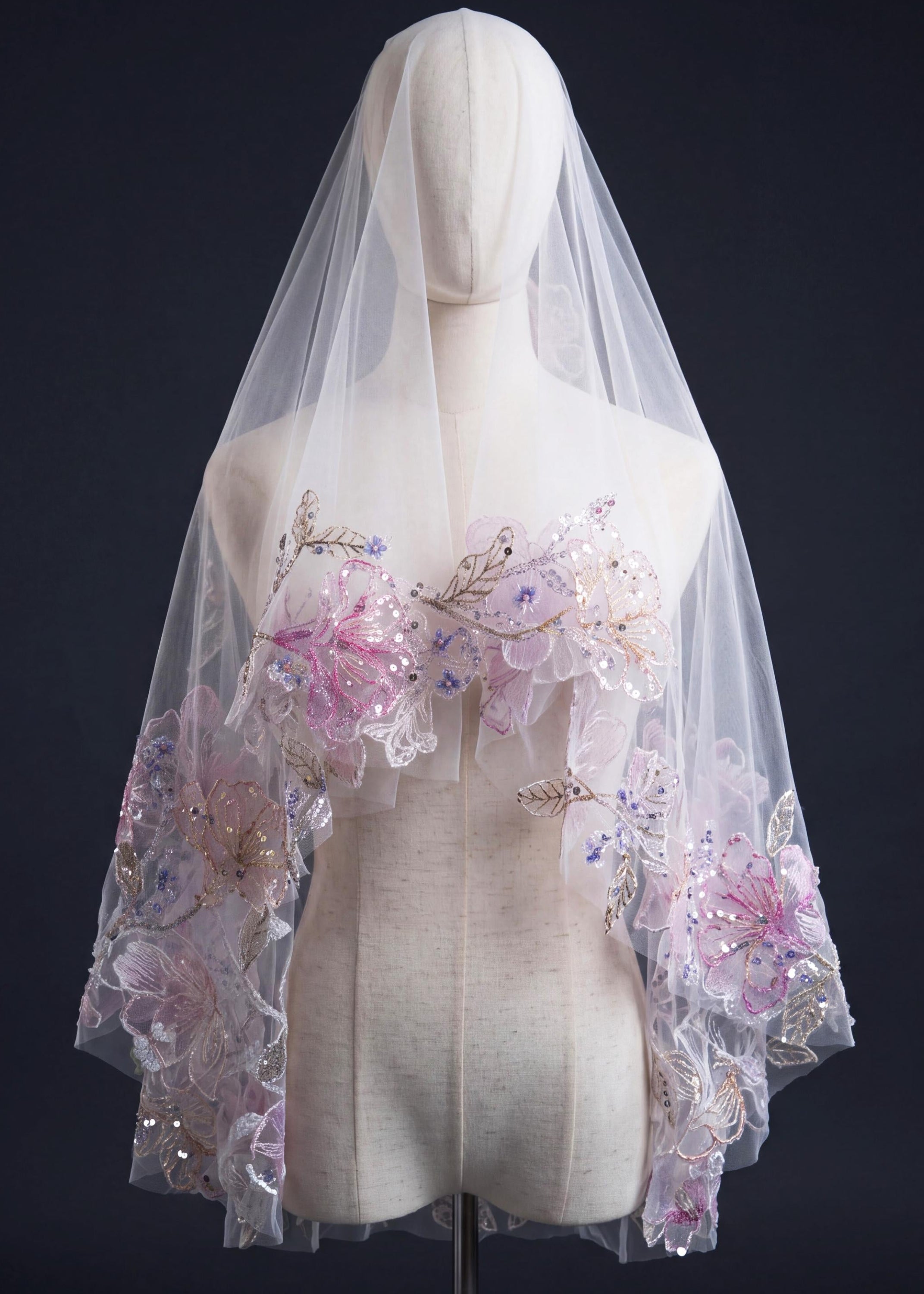 Sequin Floral Embroidered Mantilla Bridal Veil | Lavender Cathedral