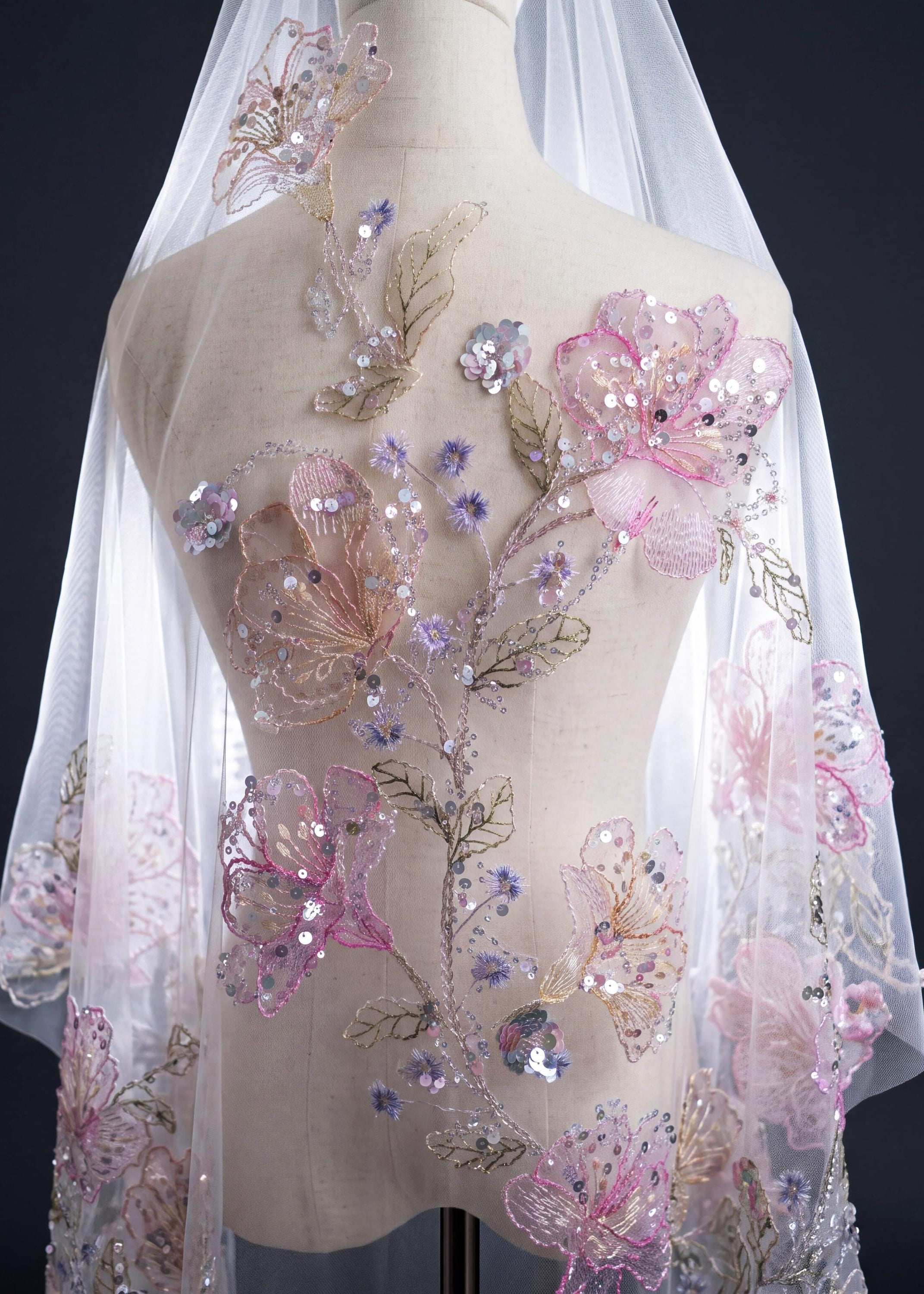 Sequin Floral Embroidered Mantilla Bridal Veil | Lavender Cathedral