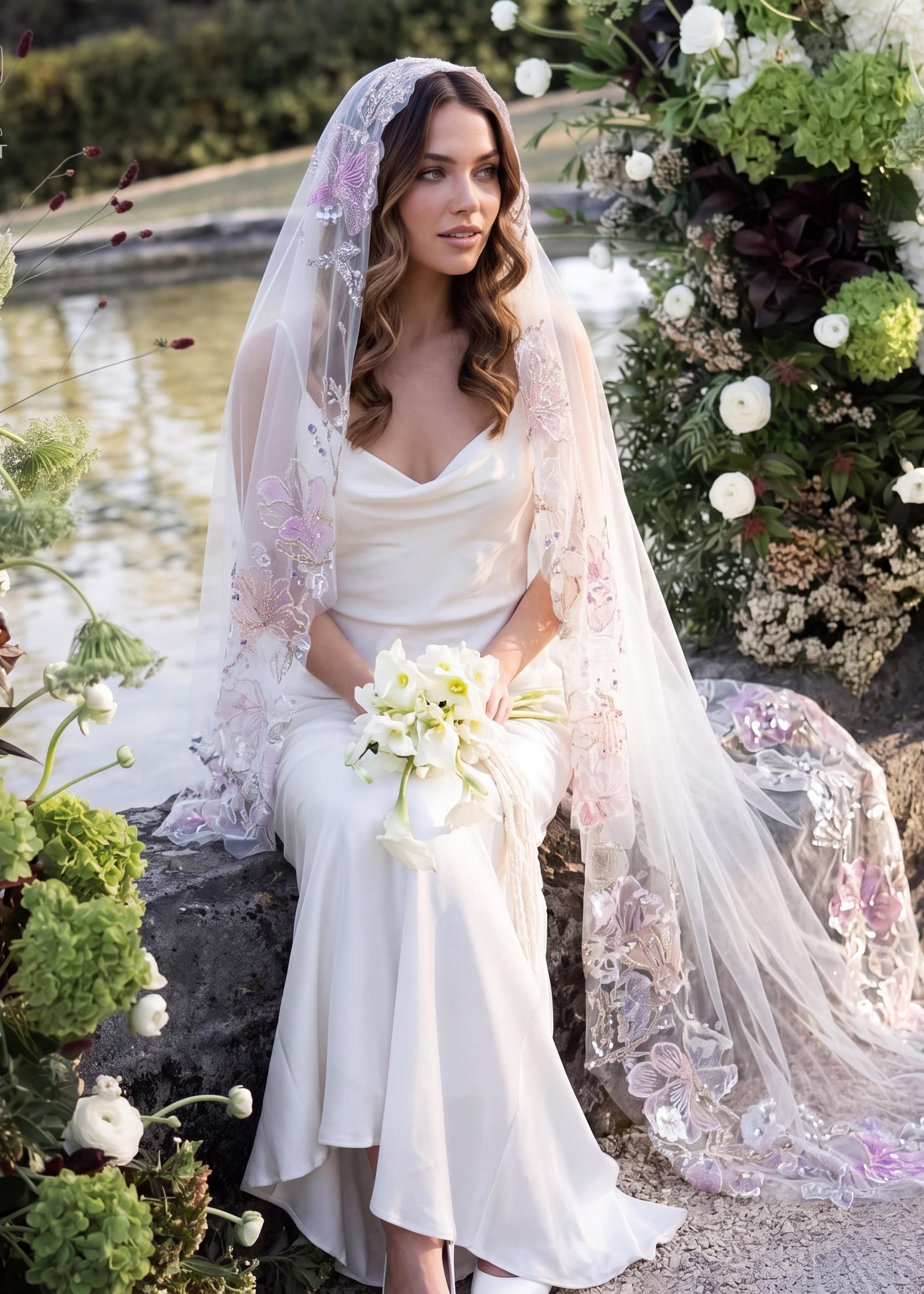 Sequin Floral Embroidered Mantilla Bridal Veil | Lavender Cathedral