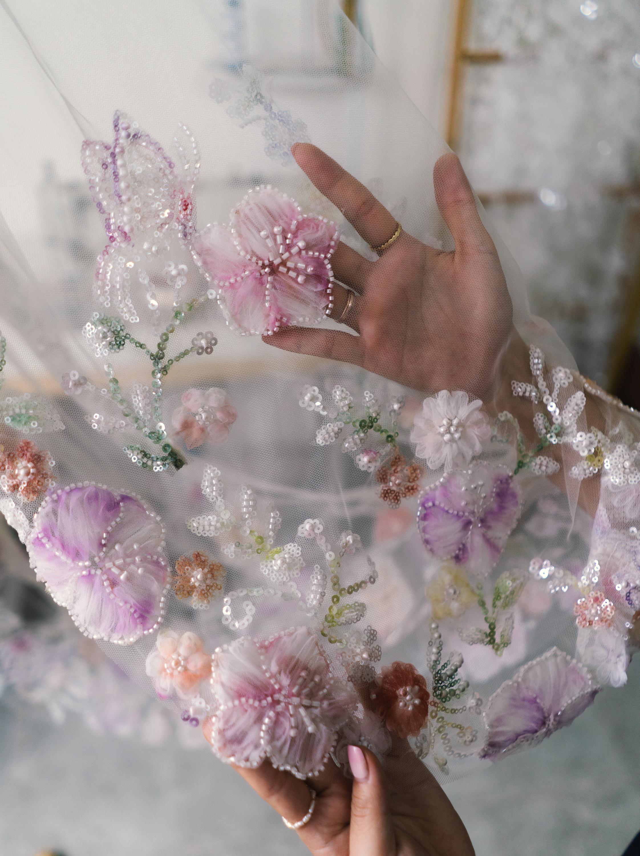 3D Floral & Pastel Butterfly Wedding Veil – Beaded Botanical Lace