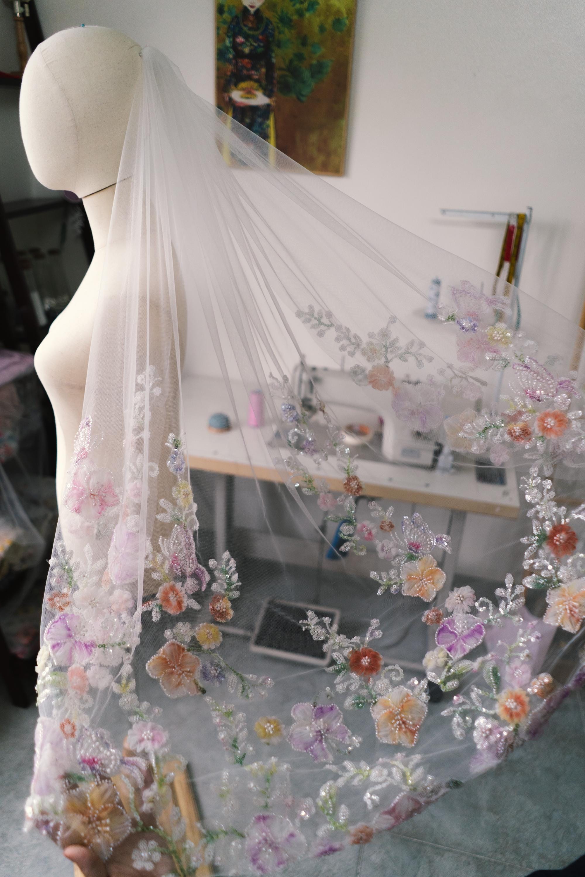 3D Floral & Pastel Butterfly Wedding Veil – Beaded Botanical Lace