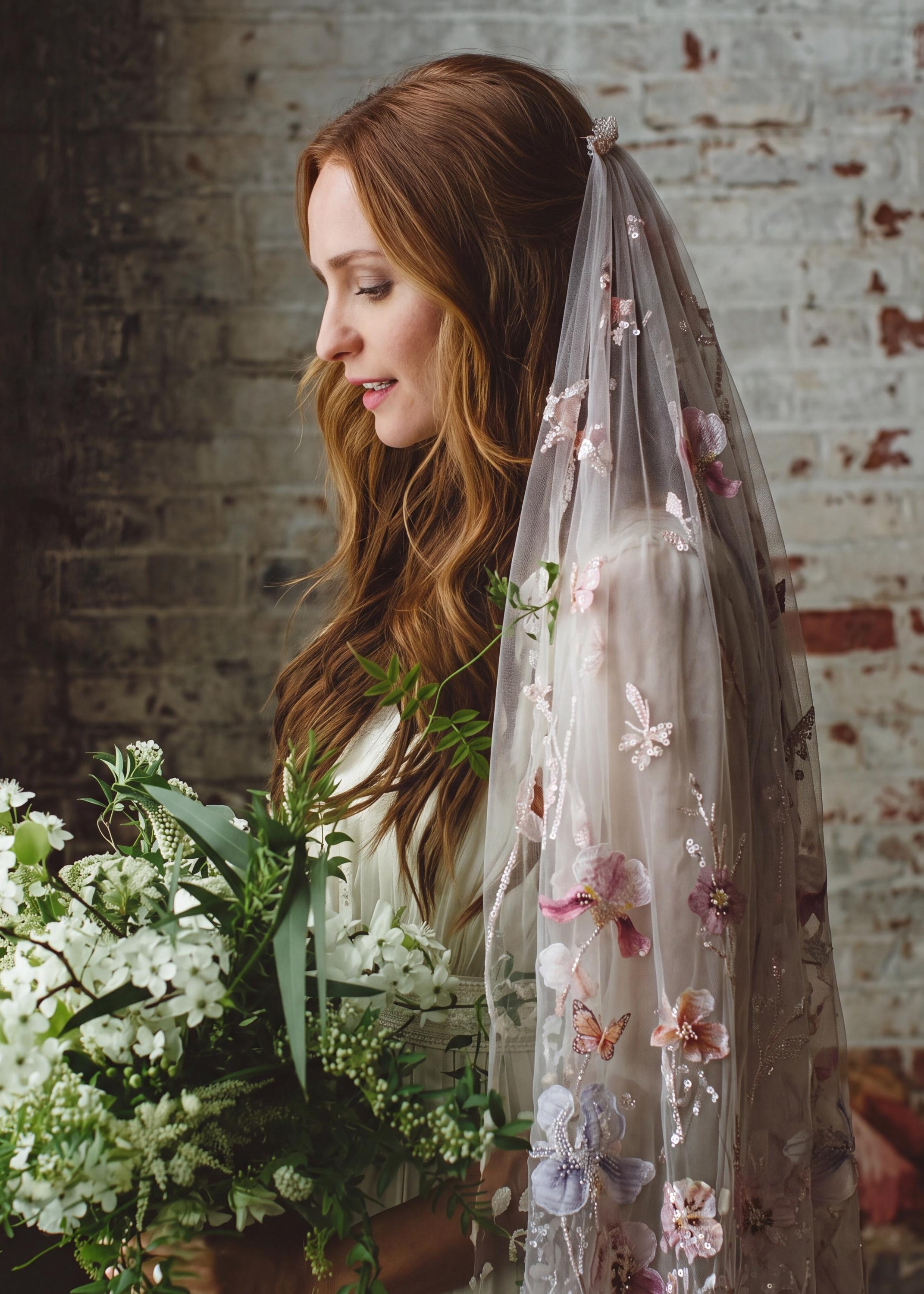 Butterfly & Floral Sequin Bridal Veil | Blush Pink Fingertip