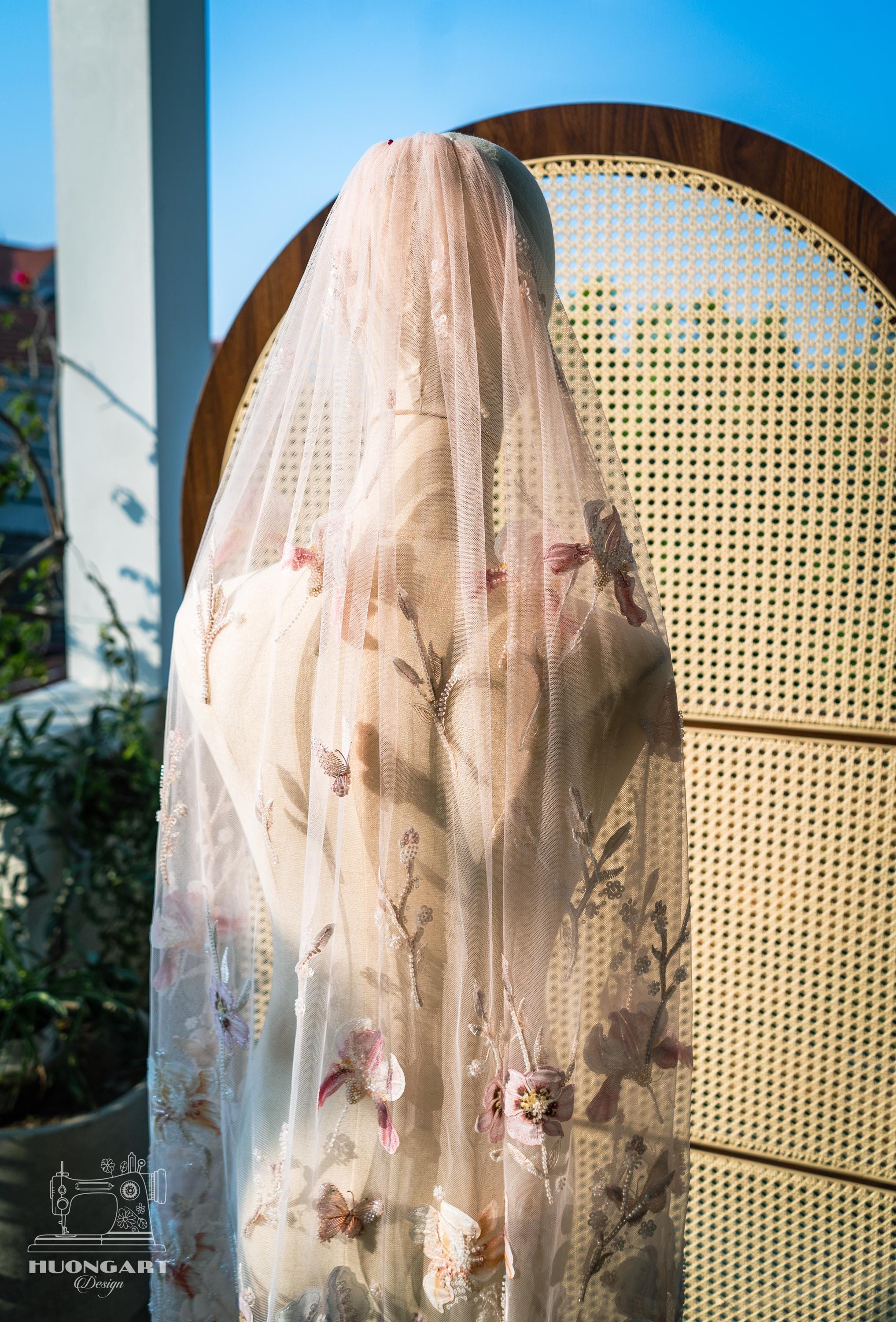 Butterfly & Floral Sequin Bridal Veil | Blush Pink Fingertip