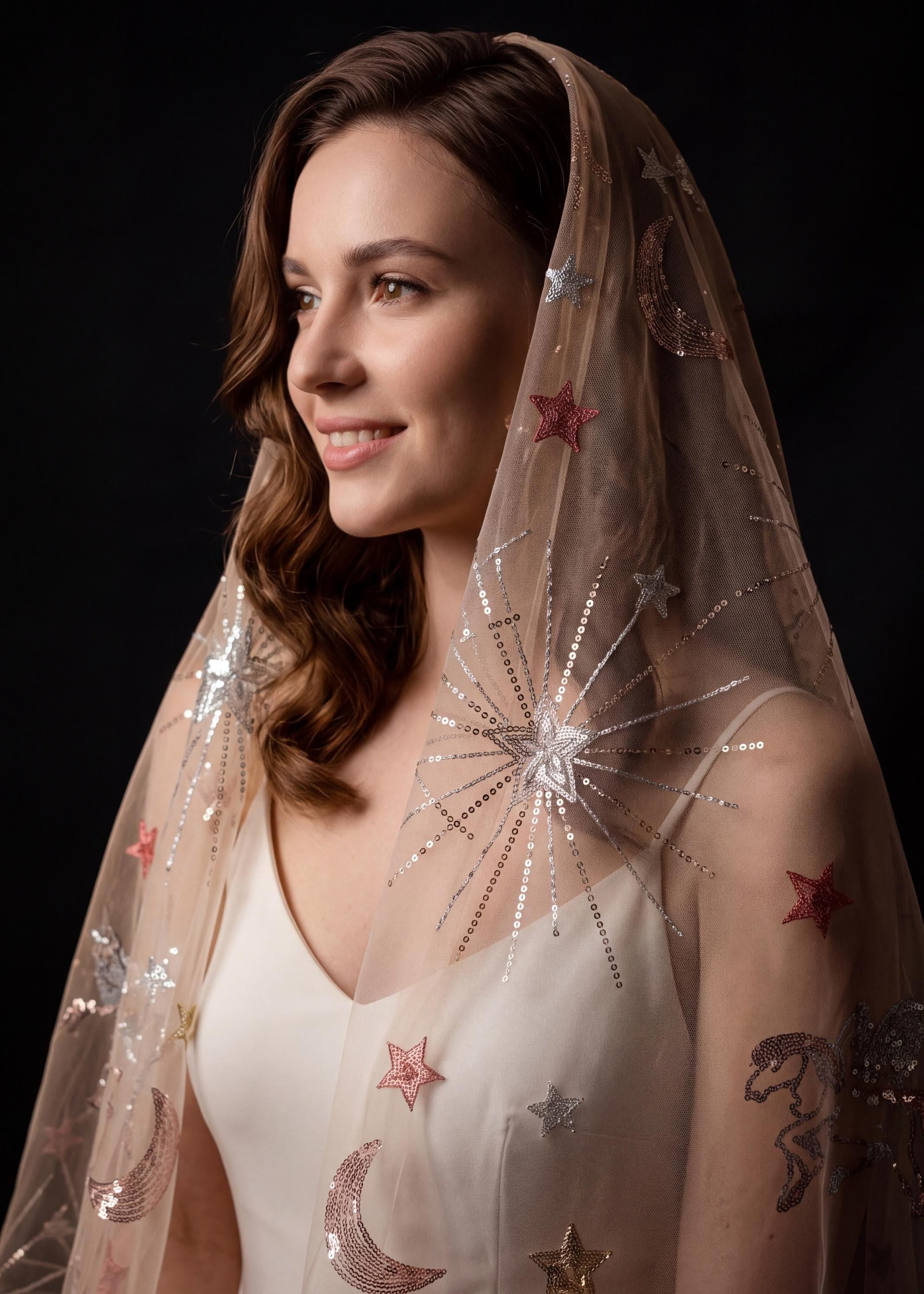 Pegasus Celestial Sequin Bridal Veil | Champagne Fingertip Cut
