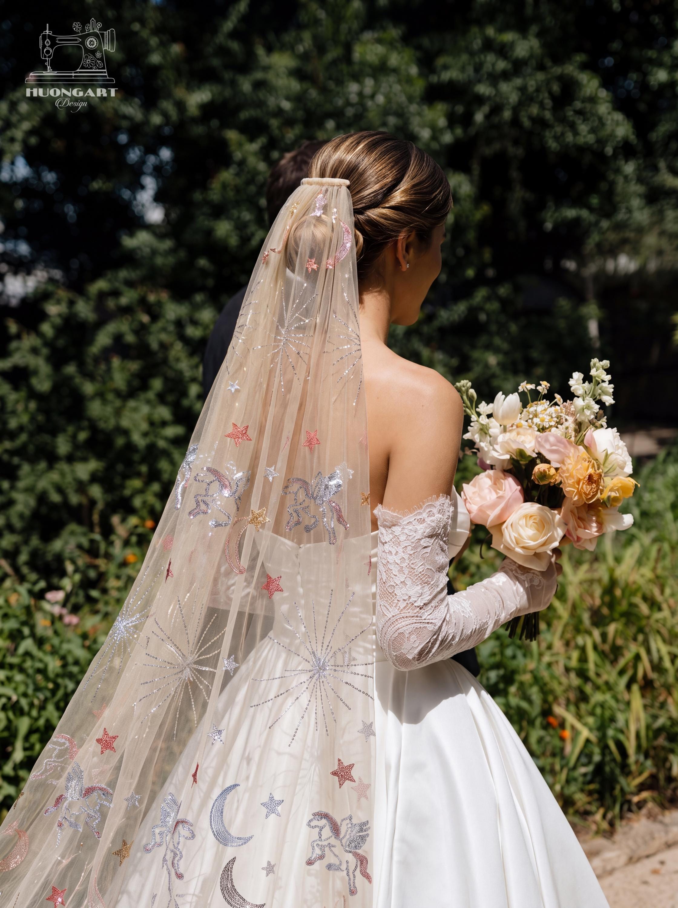 Pegasus Celestial Sequin Bridal Veil | Champagne Fingertip Cut