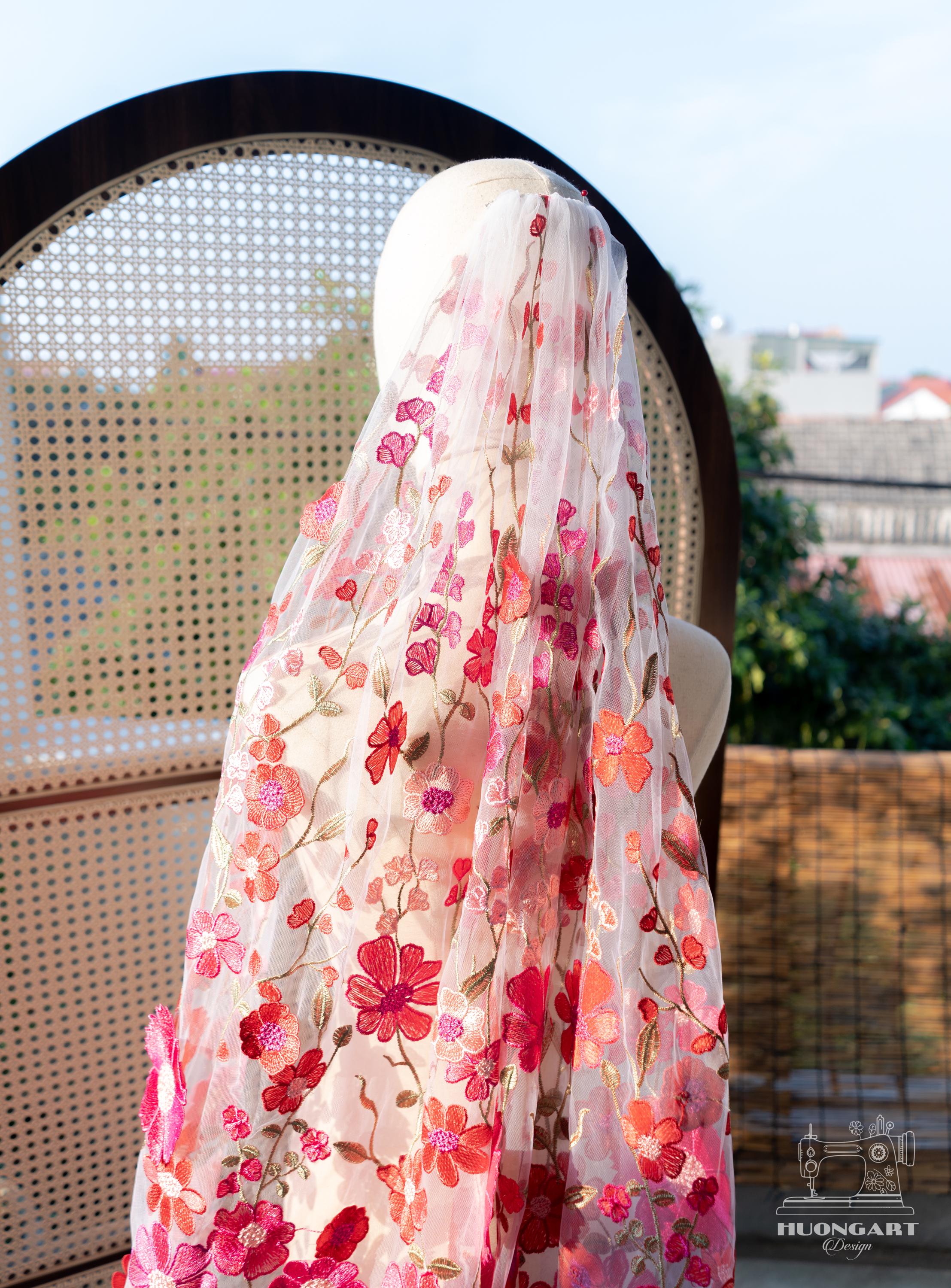 Fuchsia 3D Flower Bridal Veil | Magenta Floral Fingertip
