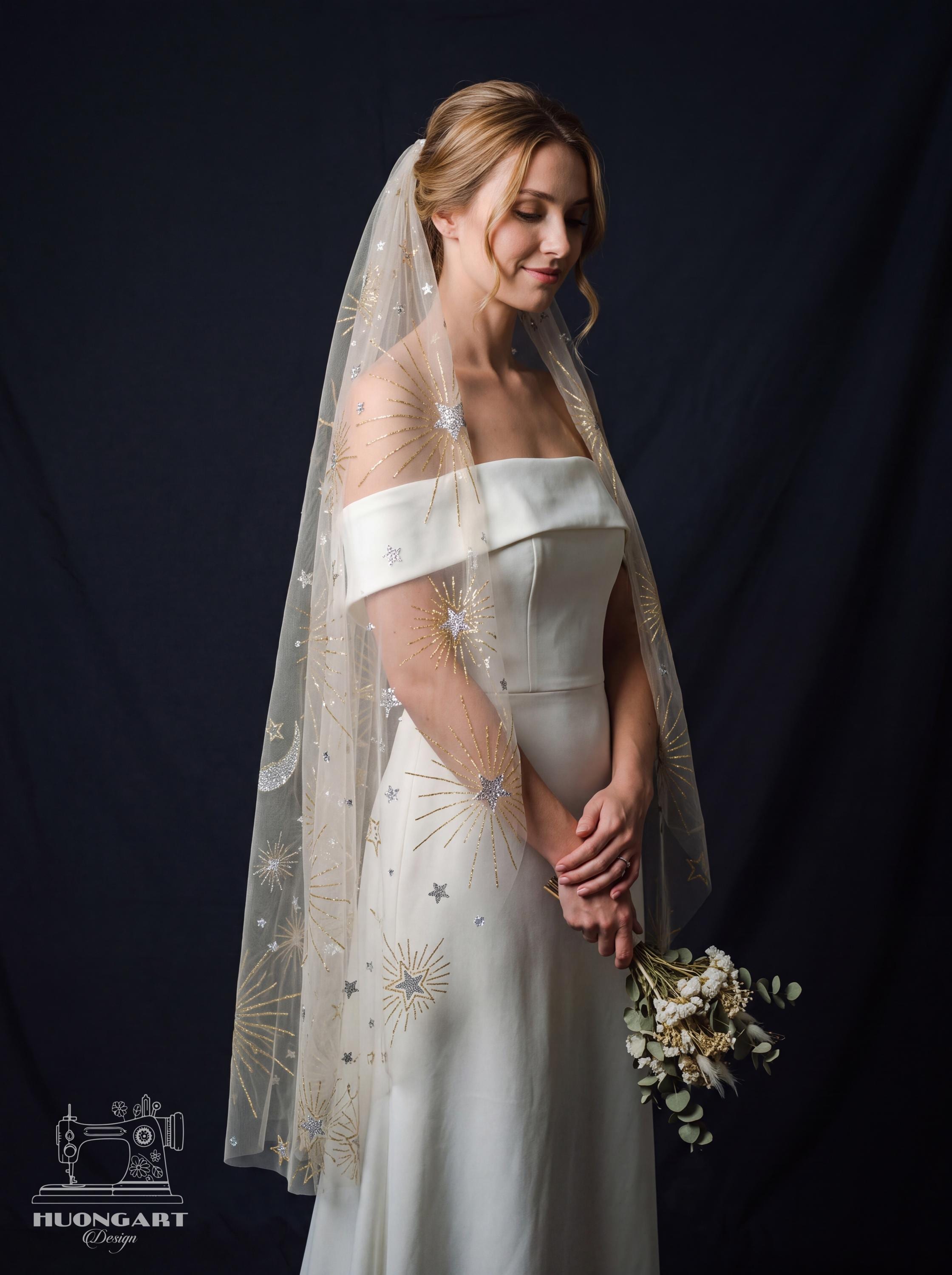 Pegasus Constellation Sequin Bridal Veil | Champagne Fingertip Cut