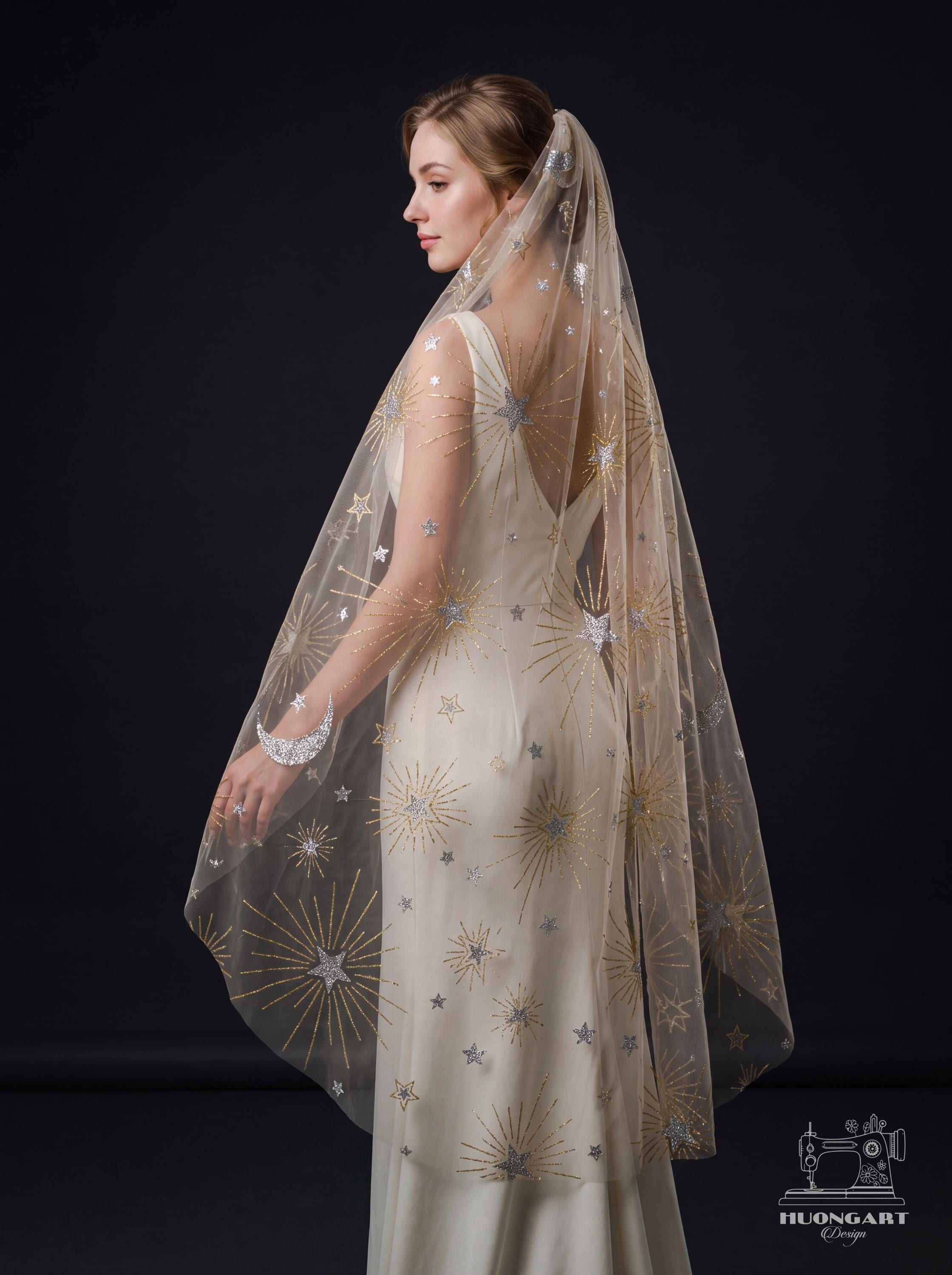 Pegasus Constellation Sequin Bridal Veil | Champagne Fingertip Cut