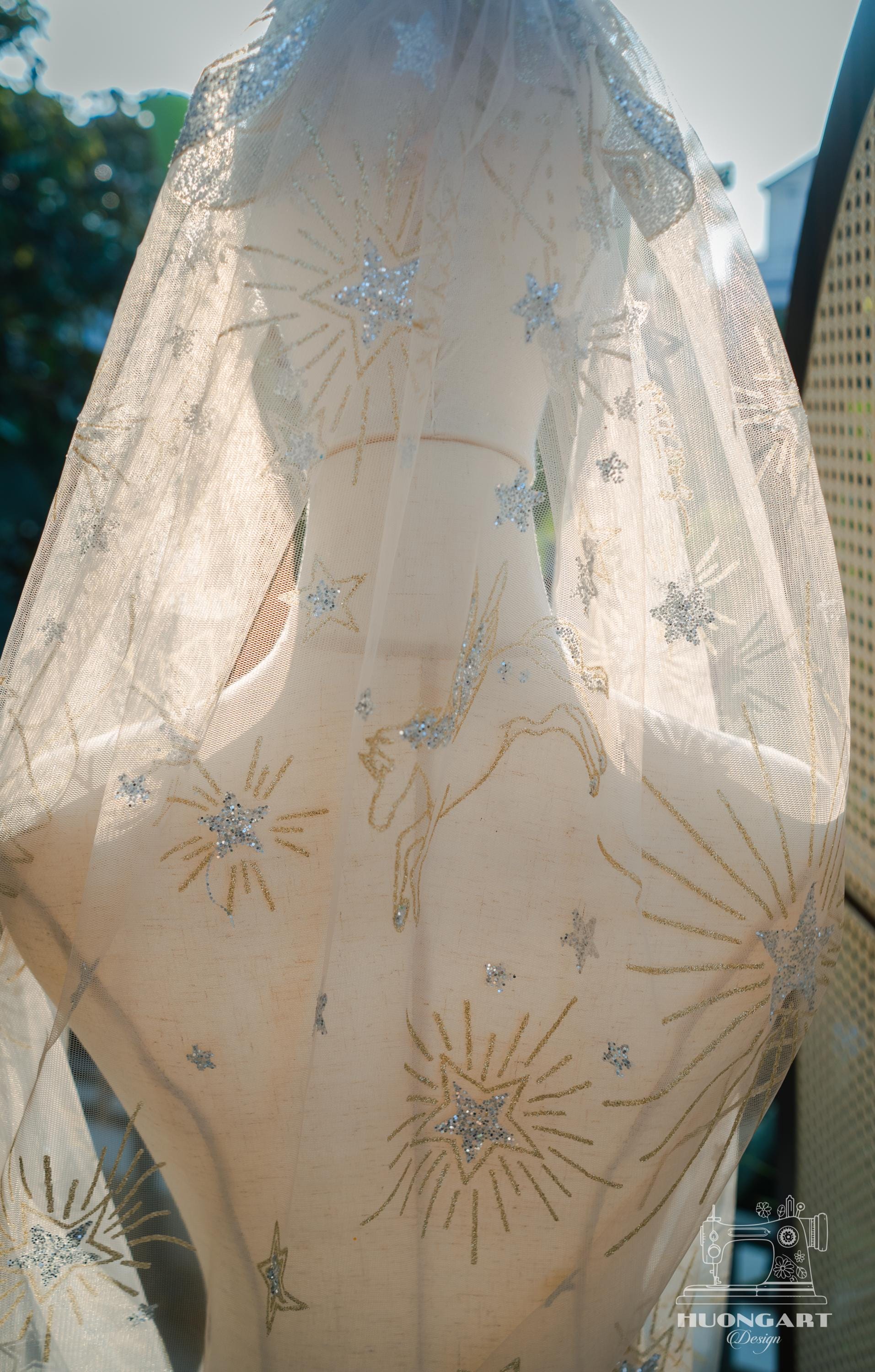 Pegasus Constellation Sequin Bridal Veil | Champagne Fingertip Cut