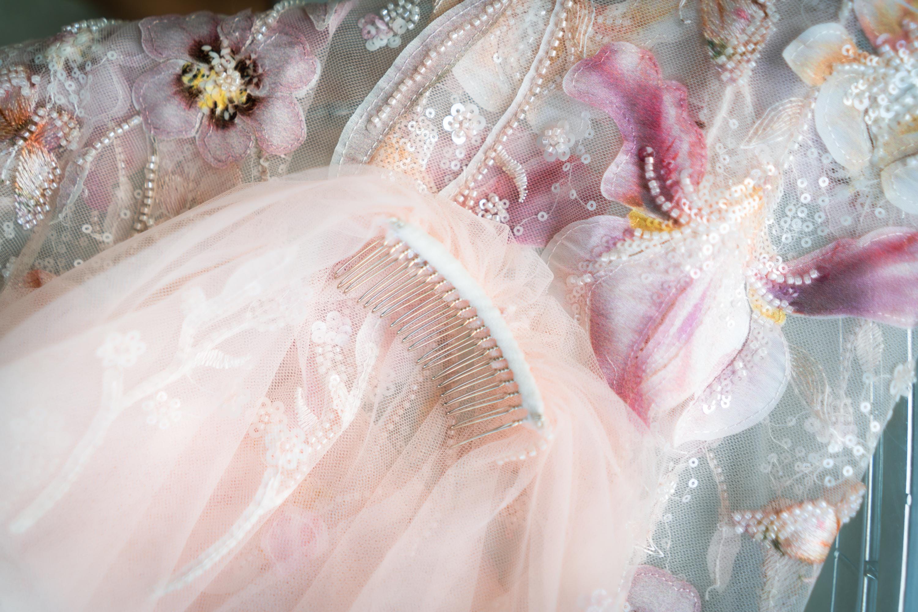 Butterfly & Floral Sequin Bridal Veil | Blush Pink Fingertip