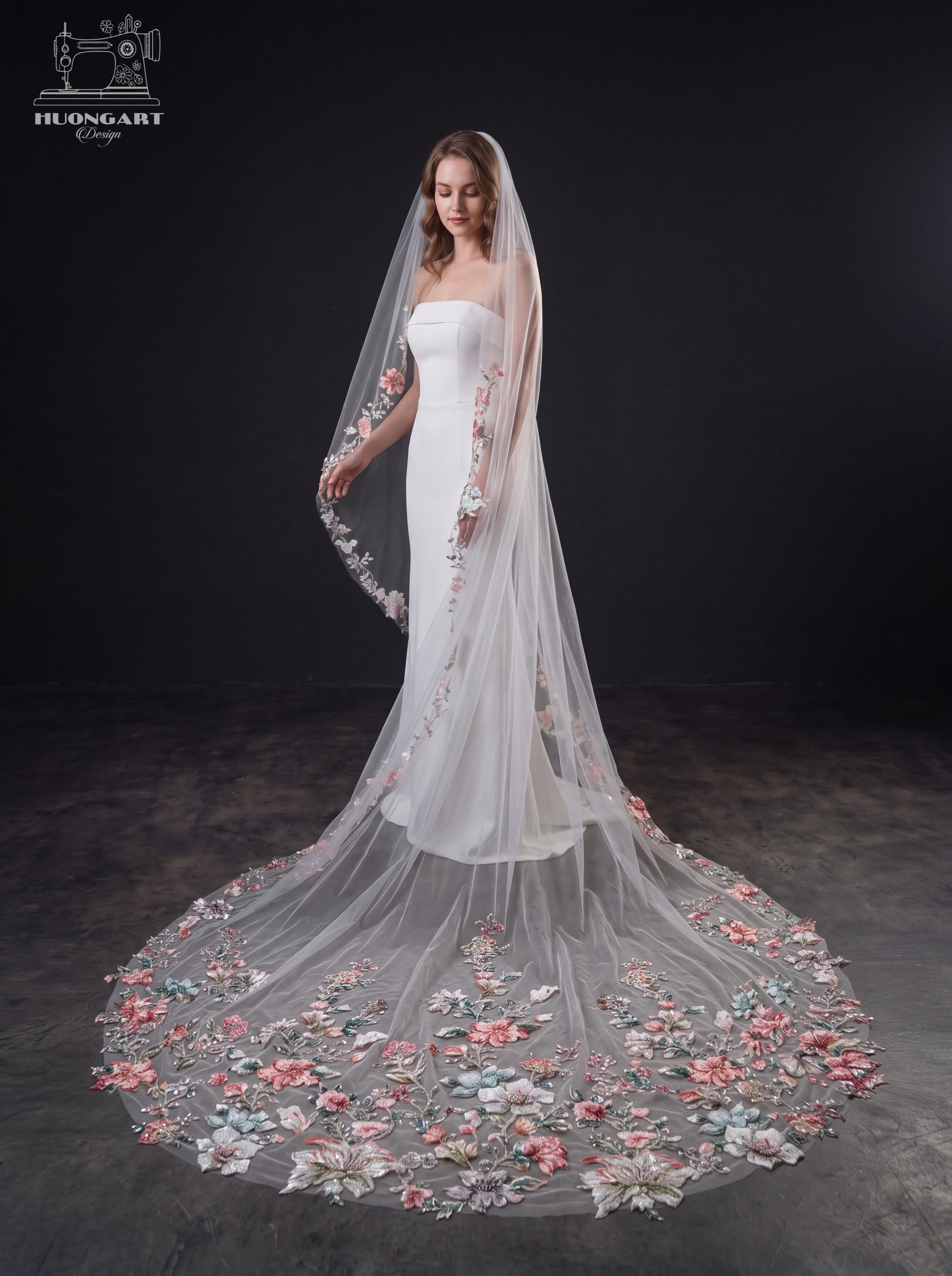 3D Beaded Wildflower Wedding Veil – Botanical Cathedral Length