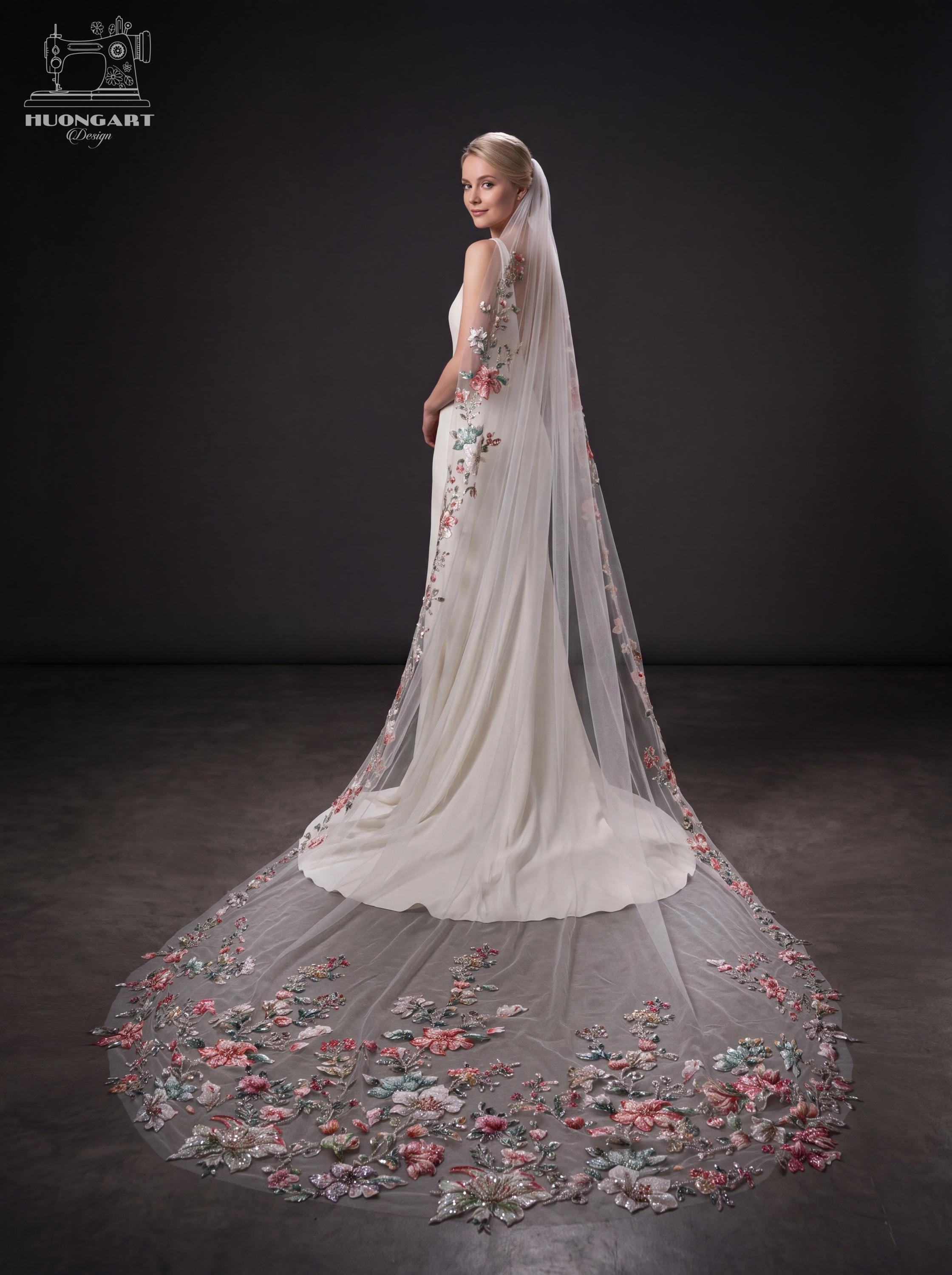 3D Beaded Wildflower Wedding Veil – Botanical Cathedral Length