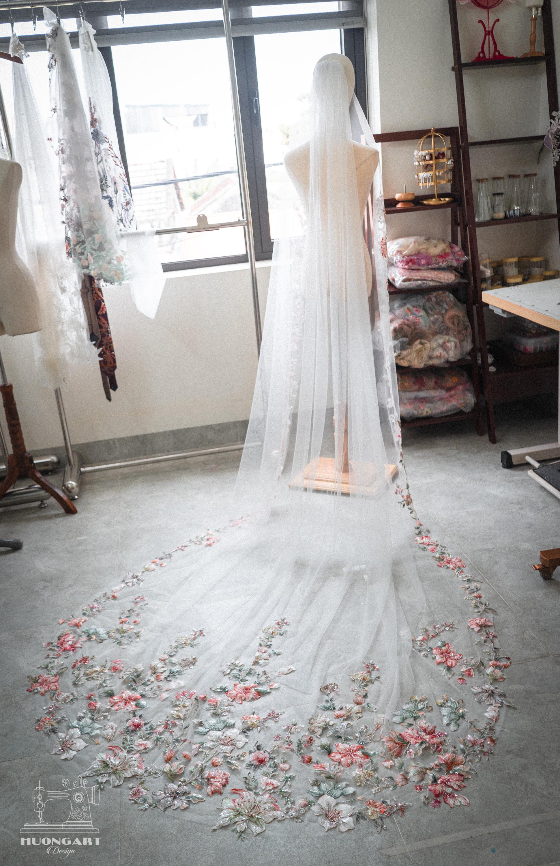 3D Beaded Wildflower Wedding Veil – Botanical Cathedral Length