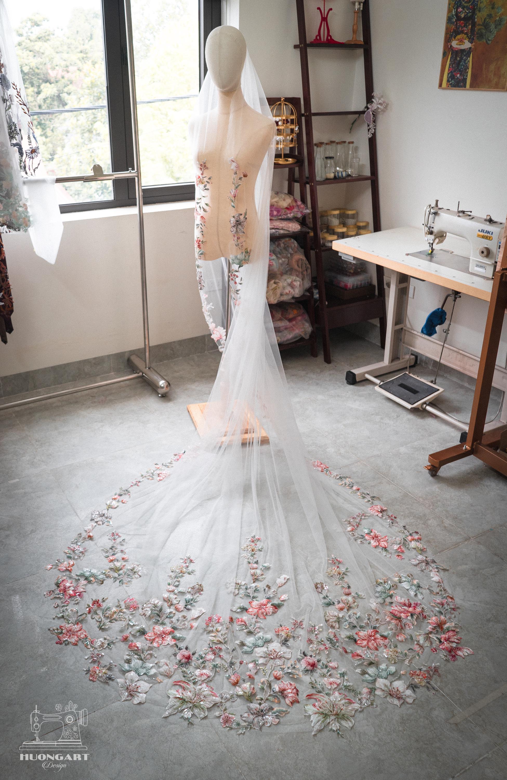 3D Beaded Wildflower Wedding Veil – Botanical Cathedral Length