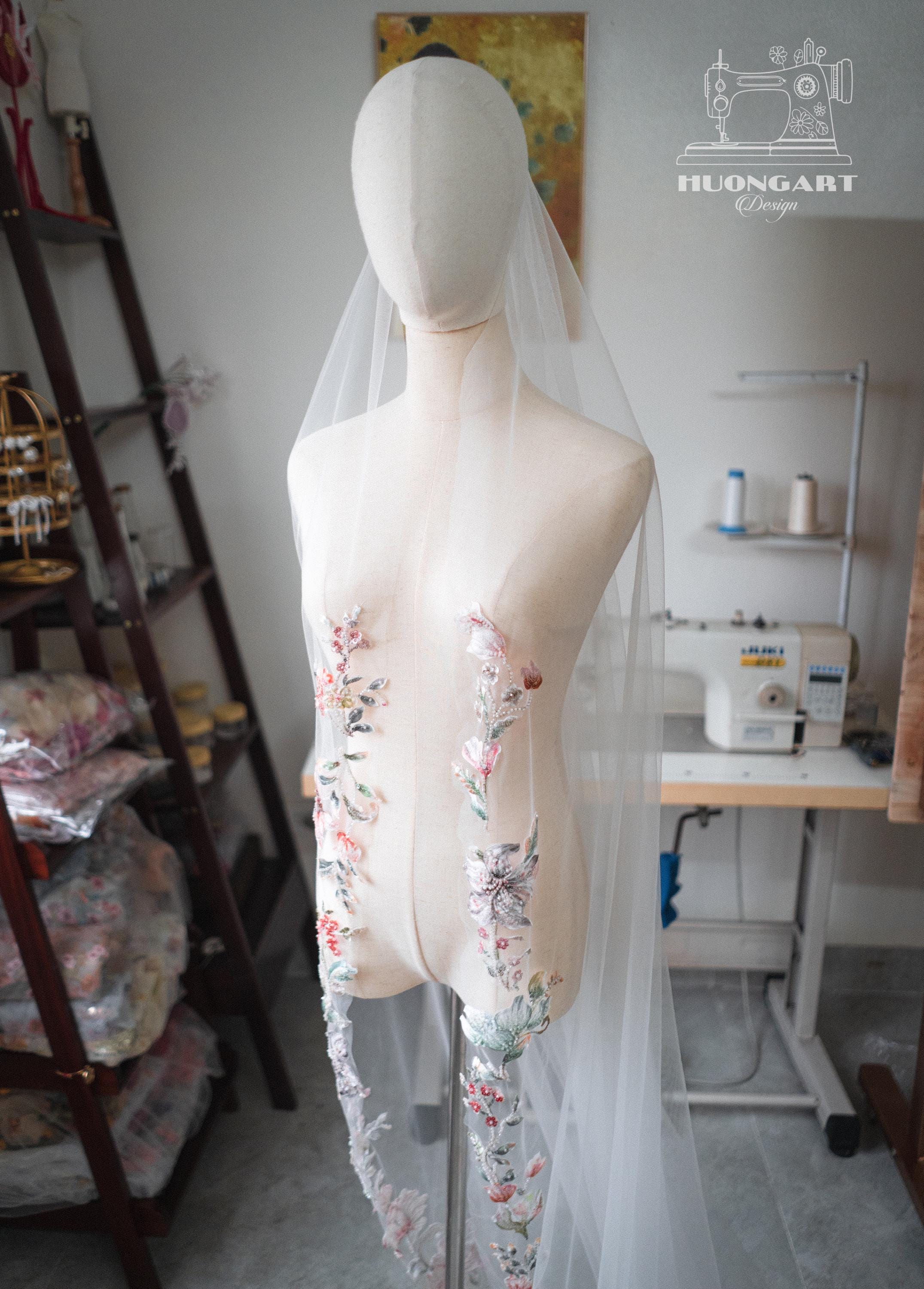 3D Beaded Wildflower Wedding Veil – Botanical Cathedral Length