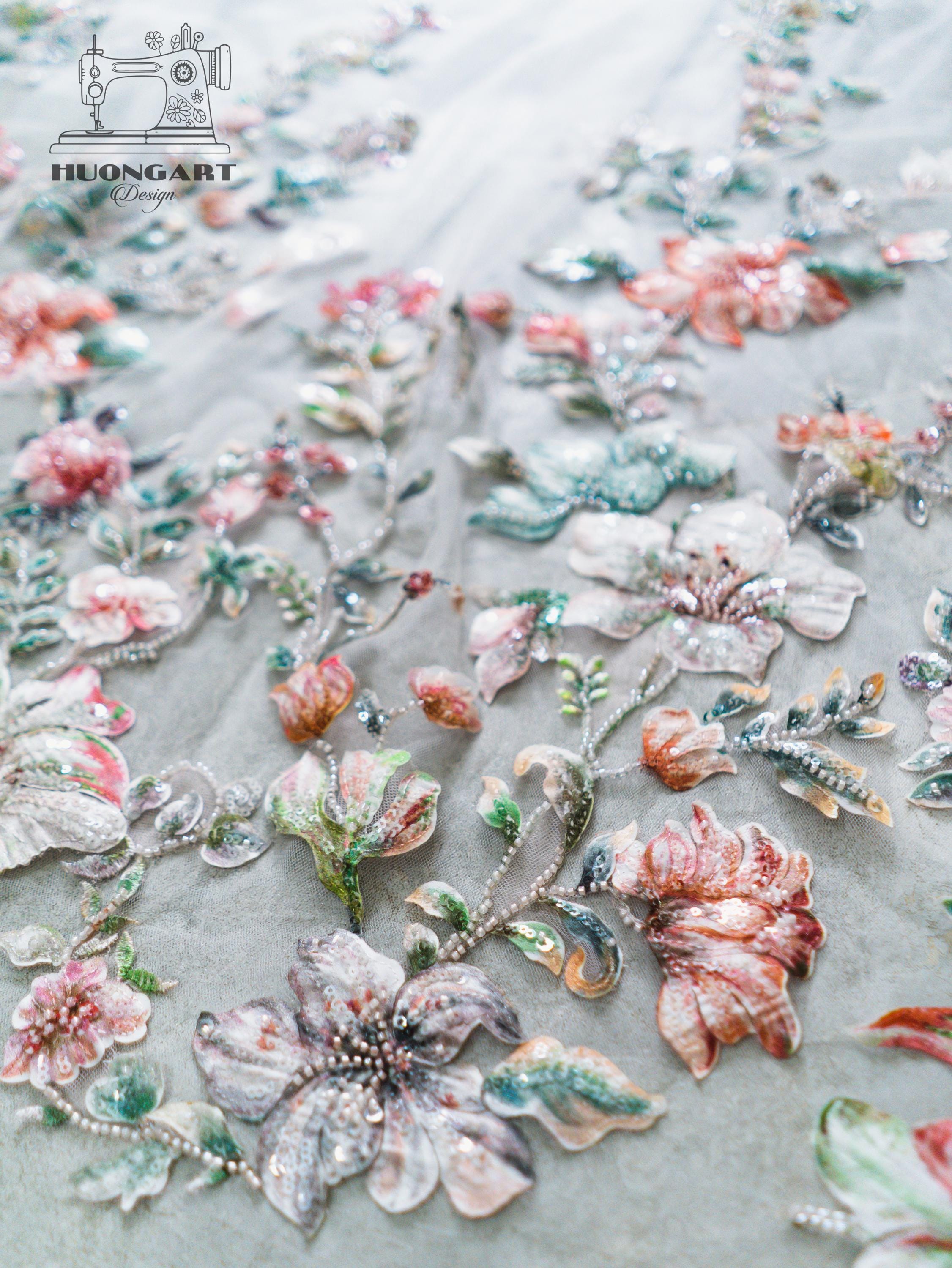 3D Beaded Wildflower Wedding Veil – Botanical Cathedral Length